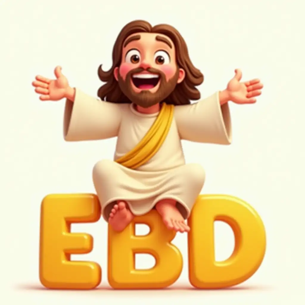 jesus, happy, open arms, sitting on top of the letters 'EBD', Disney Pixar style, cartoon, cute