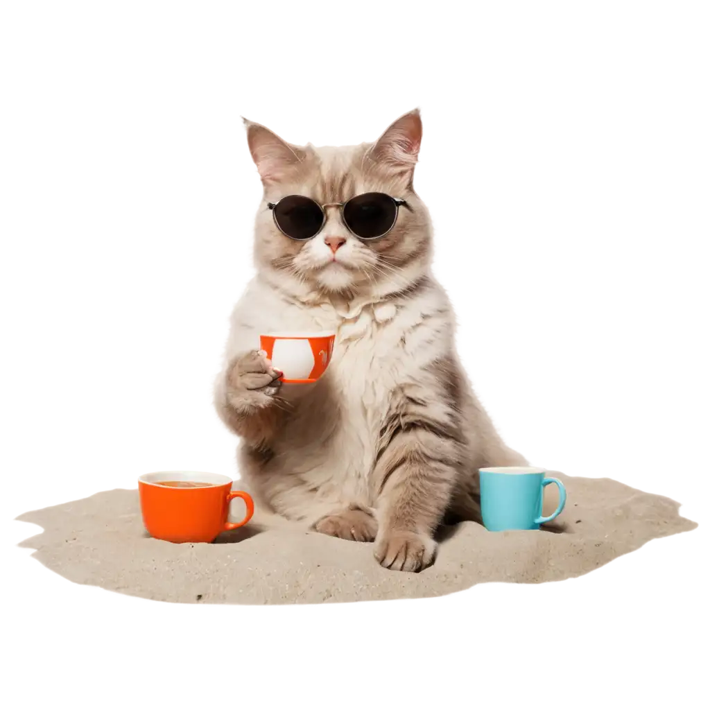 a cat wearing sunglasses on a beach with cup of tea