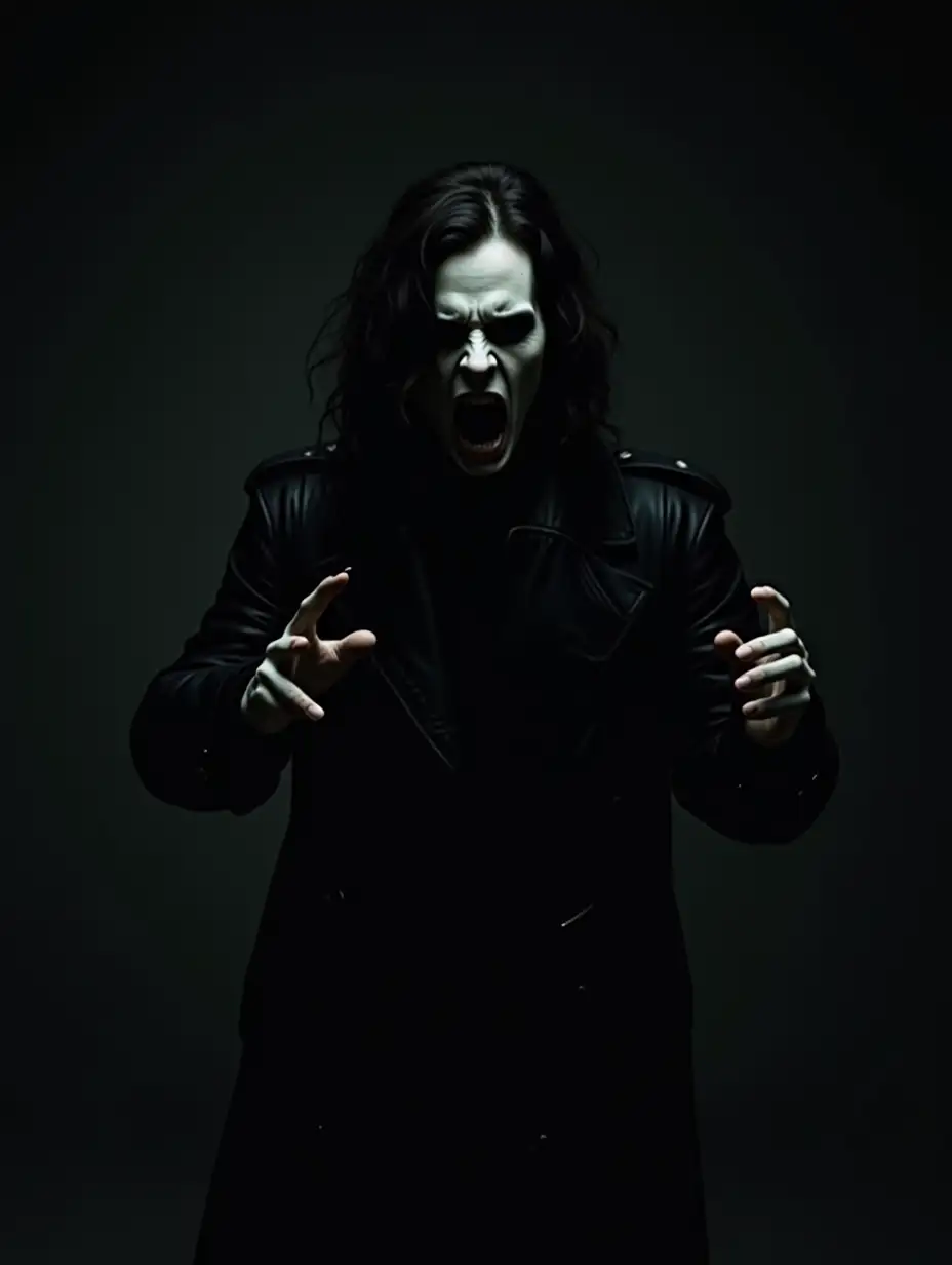 Scary person, gothic aesthetics, standing in the shadows, pale skin, leather long jacket, dynamic angle, perfect hands, moving action, dynamic composition, dark background