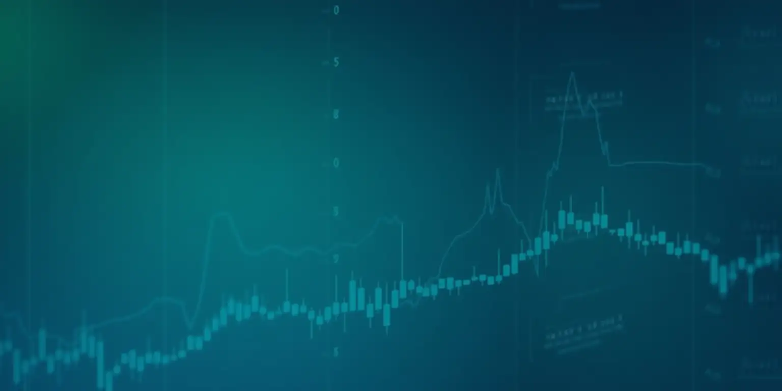 A visually appealing image of a stock market chart with uptrends, candlestick patterns and volume indicators in blue and green tones.