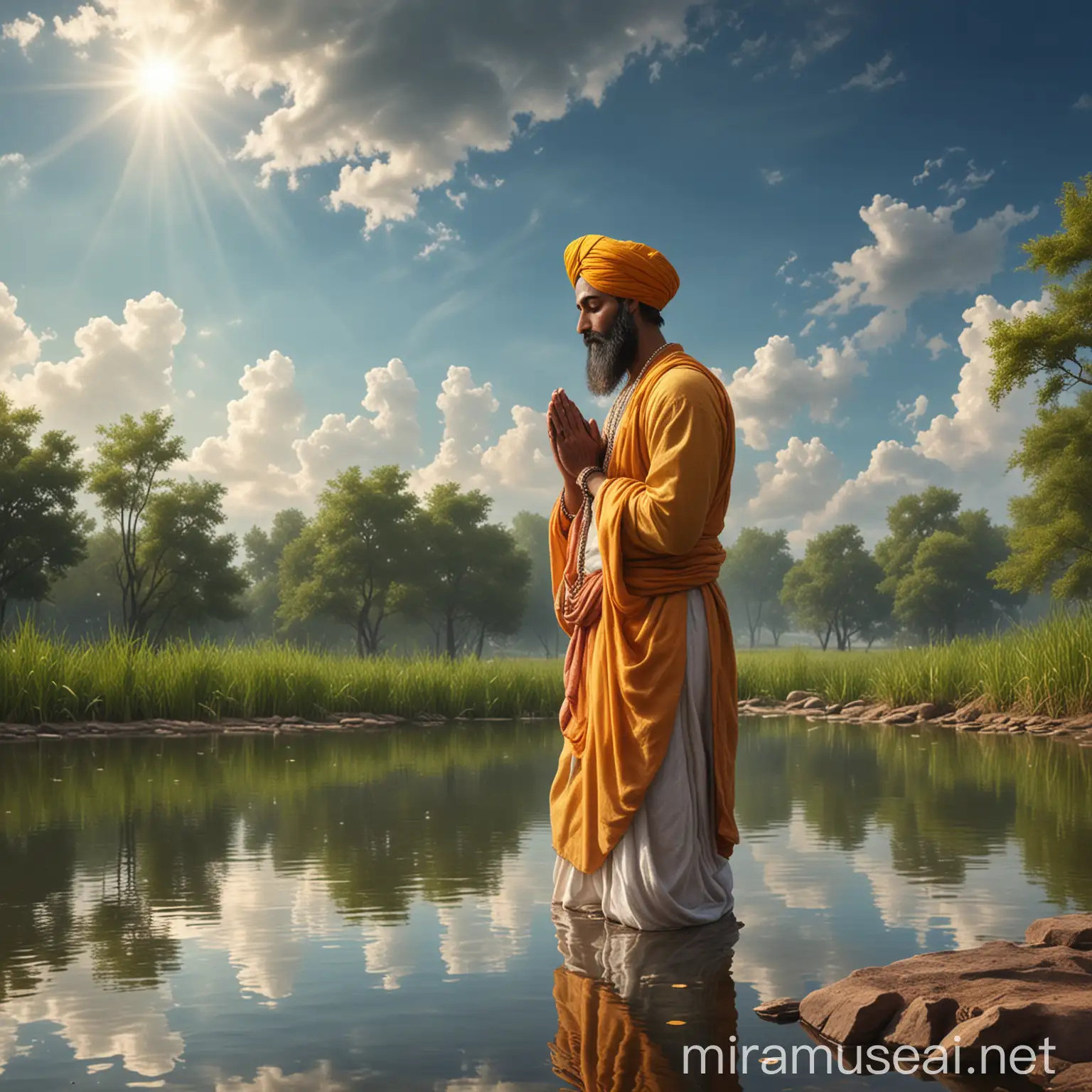 Sikh Man Praying to God Near Pond with Realistic Divine Sky Background