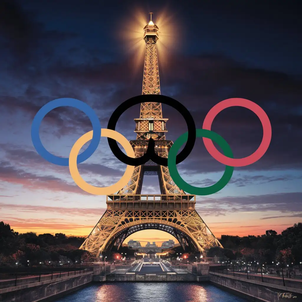 Create a design featuring the Eiffel Tower with the Olympic rings integrated into the structure. Use a twilight Parisian sky as the background.