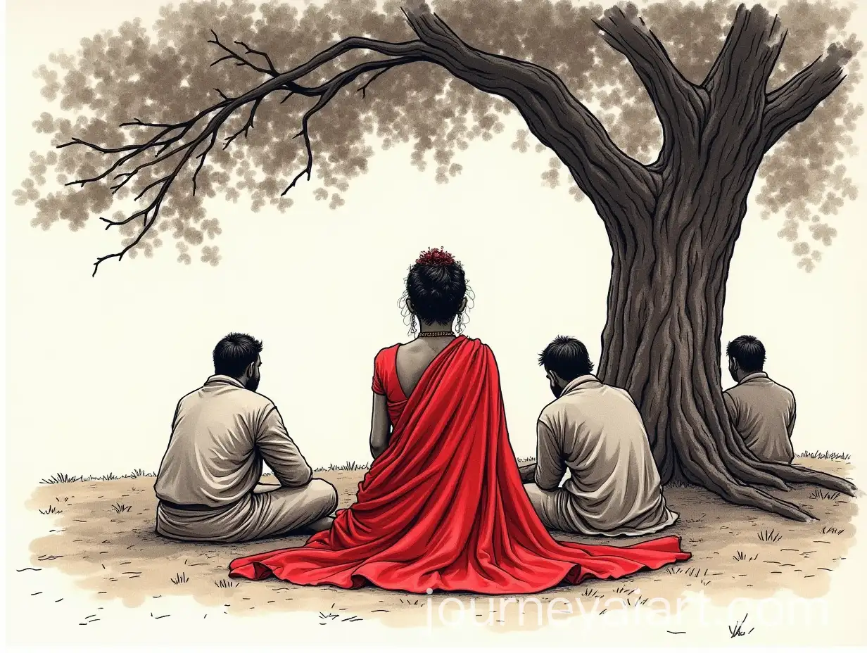 Lady-in-Red-Saree-Surrounded-by-Sadhus-Under-a-Tree