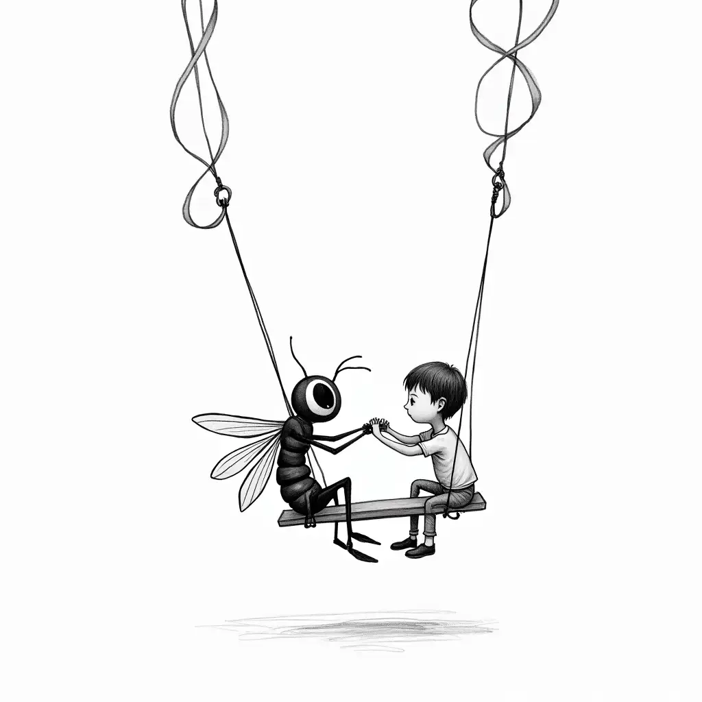 Wasp-and-Child-Swinging-Together-in-Black-and-White-Minimalist-Illustration