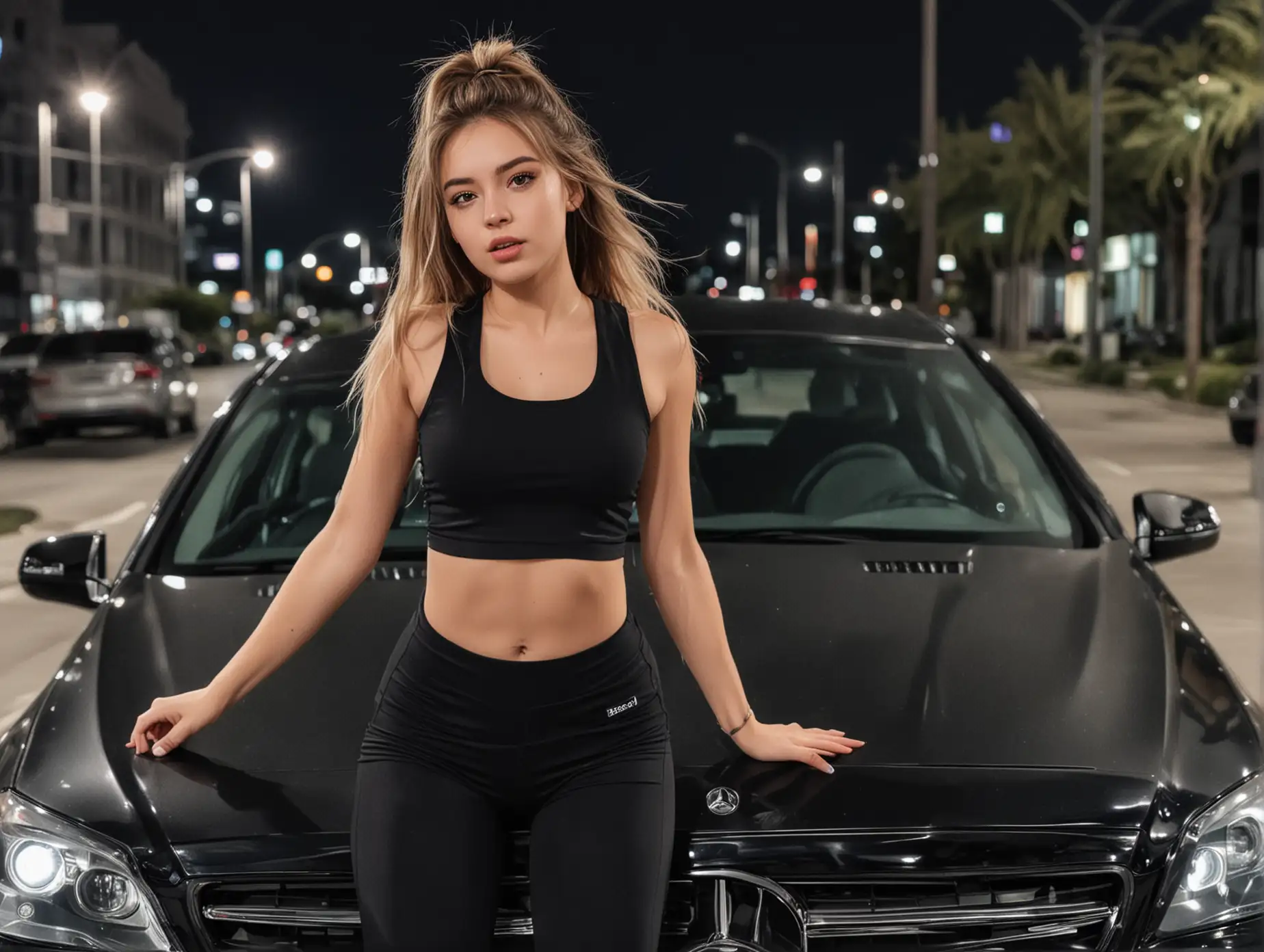 Aesthetic-Night-Scene-with-Stylish-Girl-and-Mercedes-Benz-Sedan