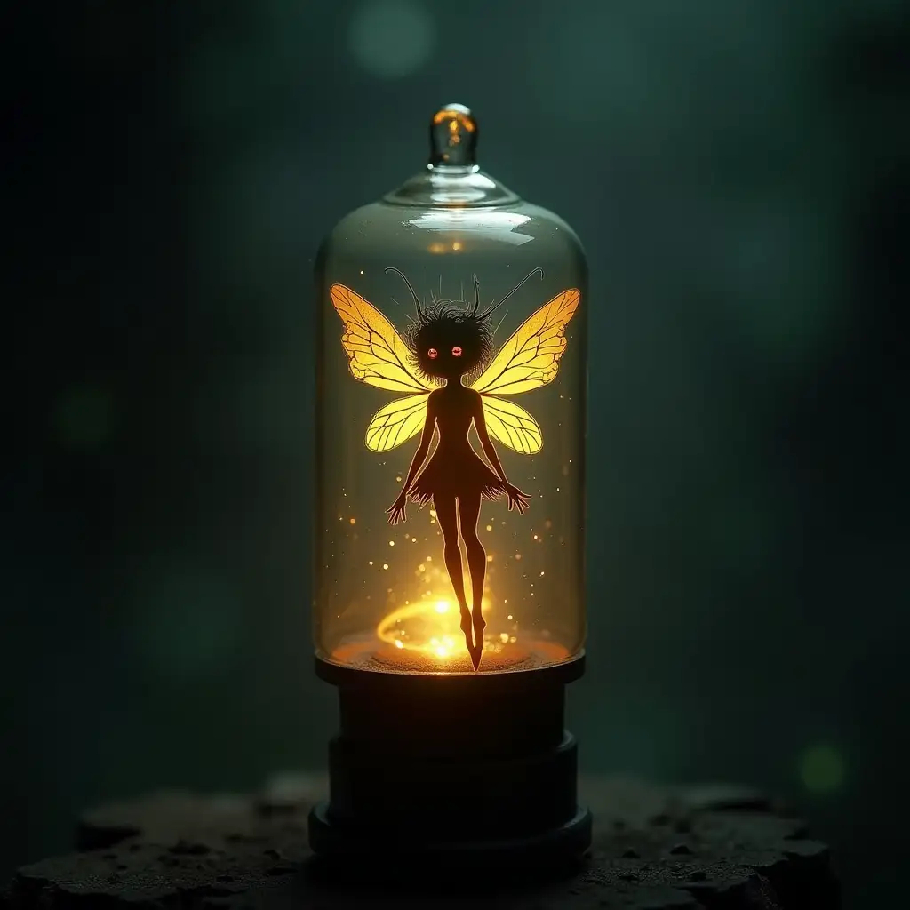 beutiful tiny sized glowing eerie fairy with broken wings, trapped in nixie tube, eerie, realistic