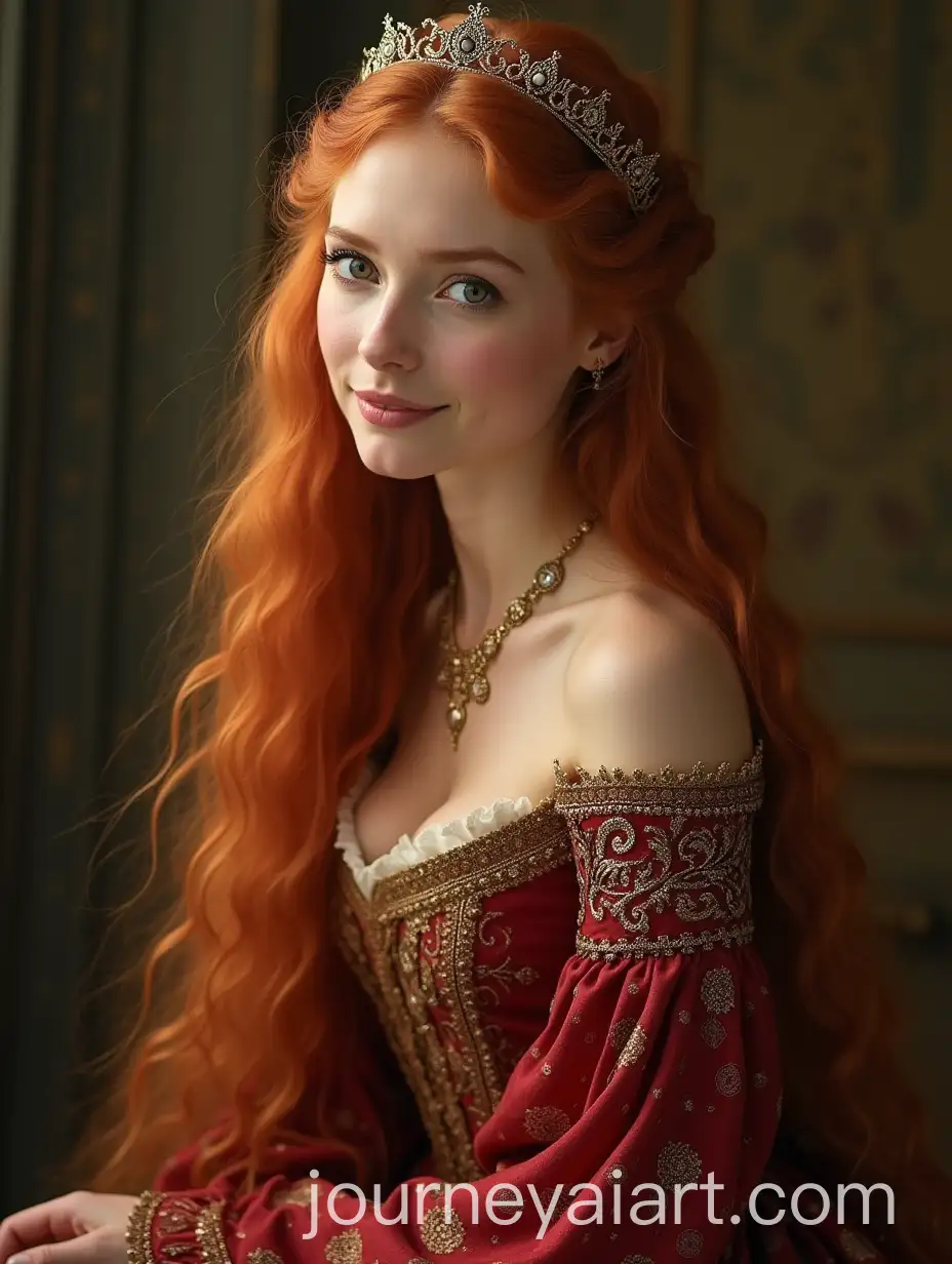 Medieval-Princess-in-Ornate-Royal-Dress-with-Golden-Red-Hair-and-Green-Eyes