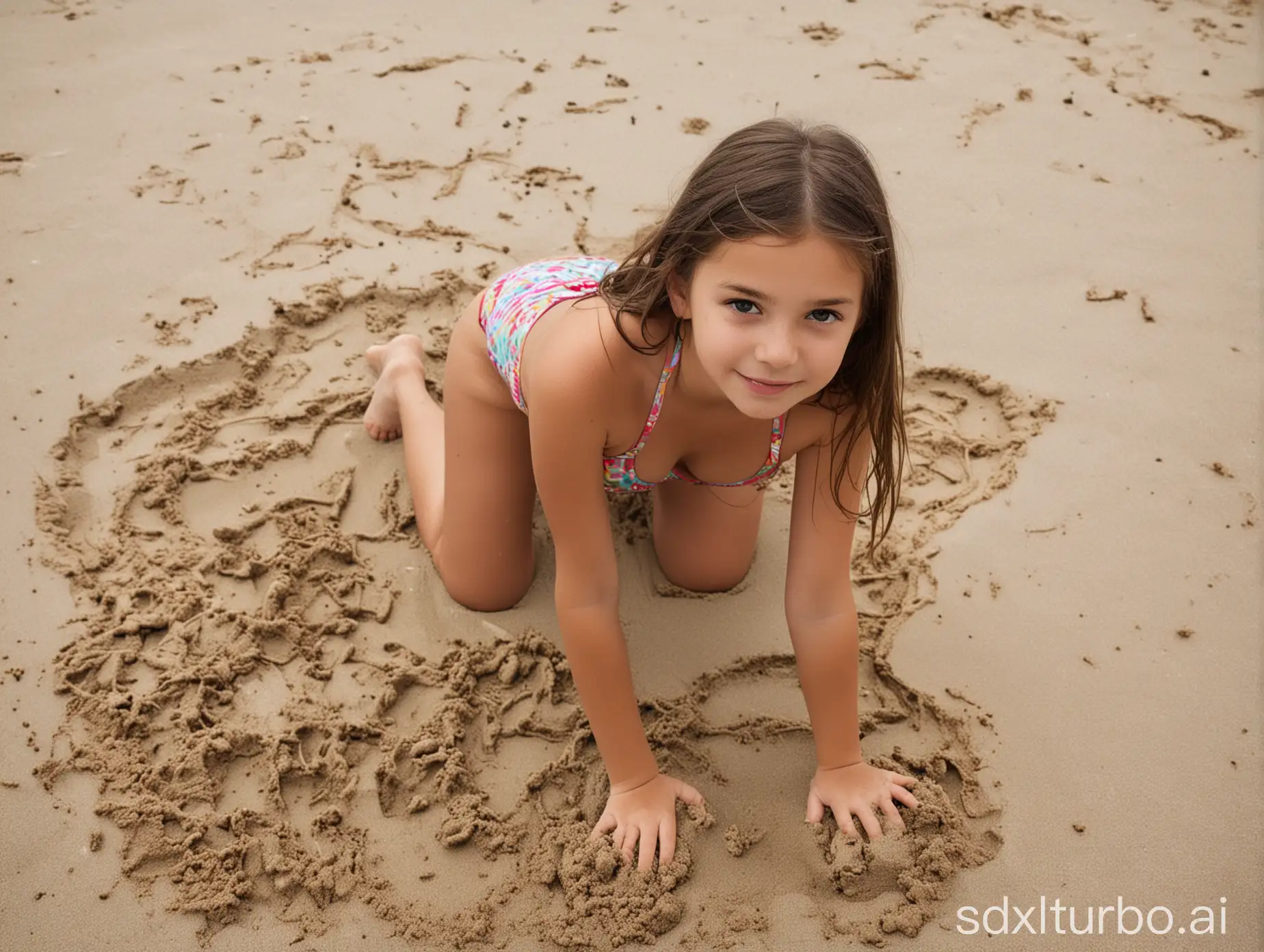 Young Girl in bikini digging in the sand on the beach With her back to the viewer