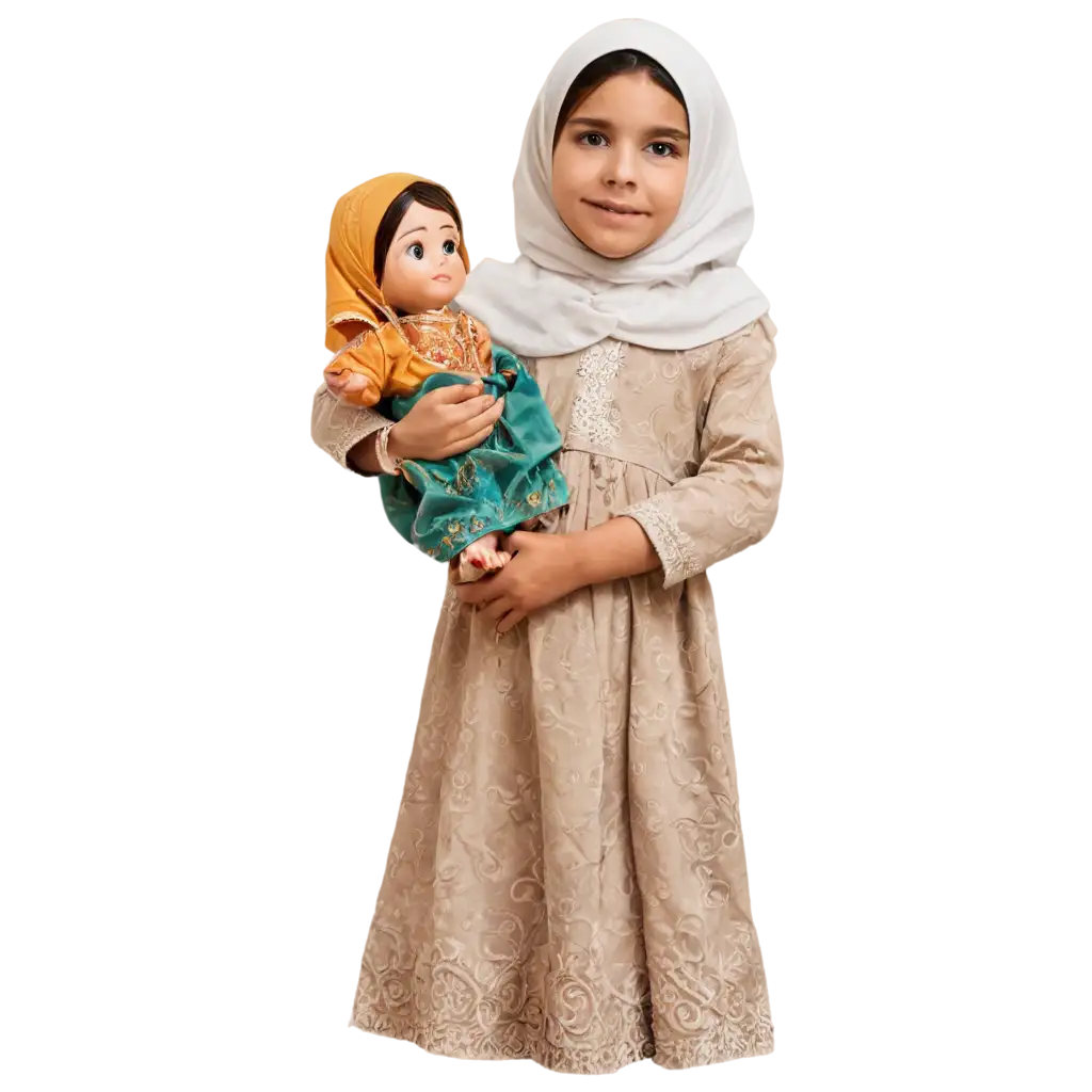 A young Iranian girl, around 8 years old, standing inside the famous Jamkaran Mosque in Qom. She is wearing a traditional white chador with delicate floral embroidery and holding a small doll in her arms. The doll, about 40 cm tall, is dressed modestly in a long floral dress and a black hijab. Both the girl and her doll appear serene and respectful as they stand in the beautiful courtyard of the mosque. Behind them, the iconic blue-tiled dome and minarets of Jamkaran Mosque are visible. The atmosphere is peaceful, with soft sunlight filtering through the mosque’s arches, casting a warm glow on the marble floor. Around them, worshippers are engaged in prayer, creating a sense of spiritual devotion. The girl’s expression is one of awe and tranquility as she gazes at her doll, connecting both to her faith and her cultural heritage.