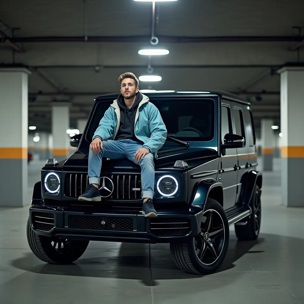 Young-Man-in-Light-Blue-Jacket-Sitting-on-Black-Mercedes-GClass-in-Parking-Garage