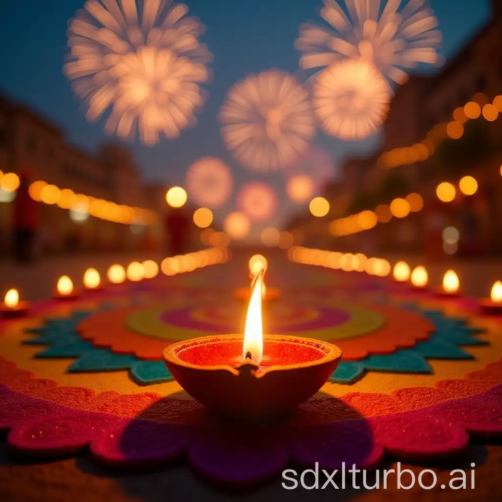 Diyas placed on a huge colorful rangoli, central diyas in focus with bokeh background. Fire crackers in the sky and a lot of decorated lights in the background.