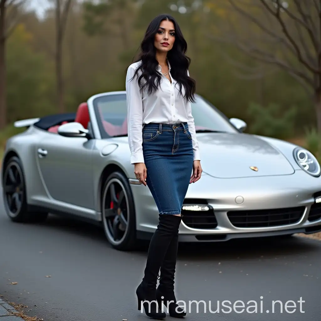 Stylish Woman in Denim Skirt and Heels Posing by a Silver Porsche 550A Spyder