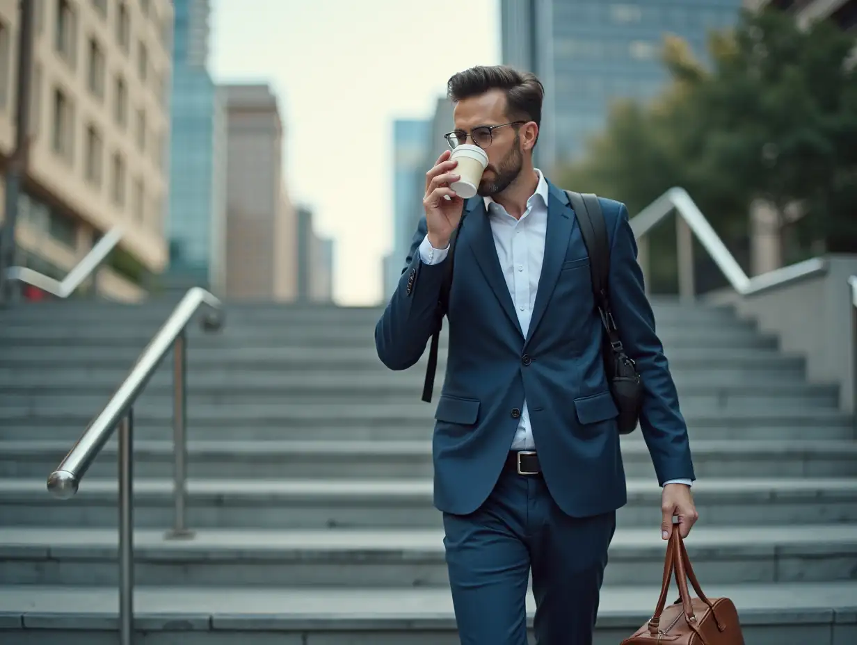 Corporate-Lawyer-Commuting-Coffee-Break-on-City-Stairs