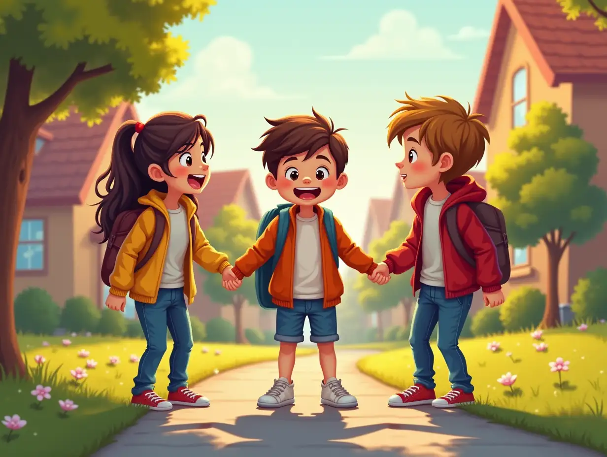 Elementary school kids are helping a younger child by standing up for a friend being bullied. Their expressions show kindness, empathy, and friendship. The background features a warm suburban neighborhood with houses, trees, and a safe community atmosphere.