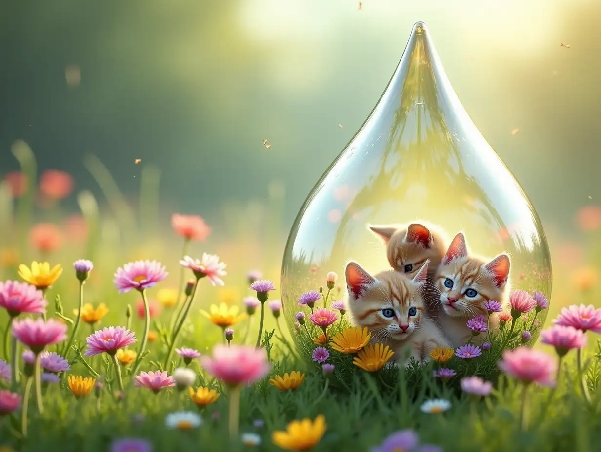 A crystal-clear teardrop containing a magical flower field in full bloom. Inside, vibrant wildflowers in shades of pink, yellow, and purple sway gently, creating a lush meadow-like scene. Playful kittens explore the field—one is chasing a butterfly, another is nestled among the blossoms, and a third is curiously peeking out from behind a flower. The glass teardrop catches the sunlight, casting soft rainbow reflections and giving the scene a dreamlike glow. The setting feels serene, whimsical, and full of life, combining the beauty of nature with the innocence of playful kittens.