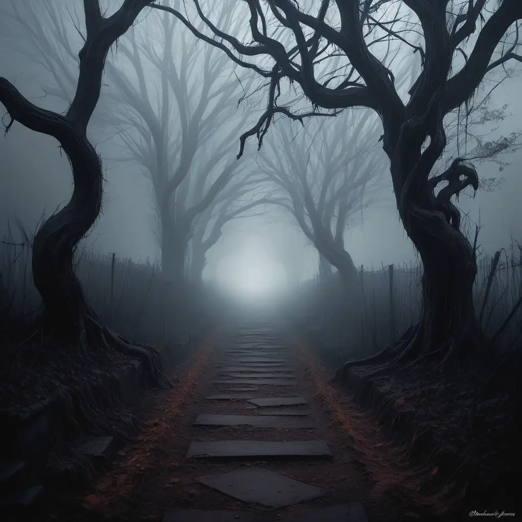 Misty pathway. Wilted trees on the sides. The atmosphere is dark and heavy. If you step onto this path, death awaits you for sure. Your soul will vanish.