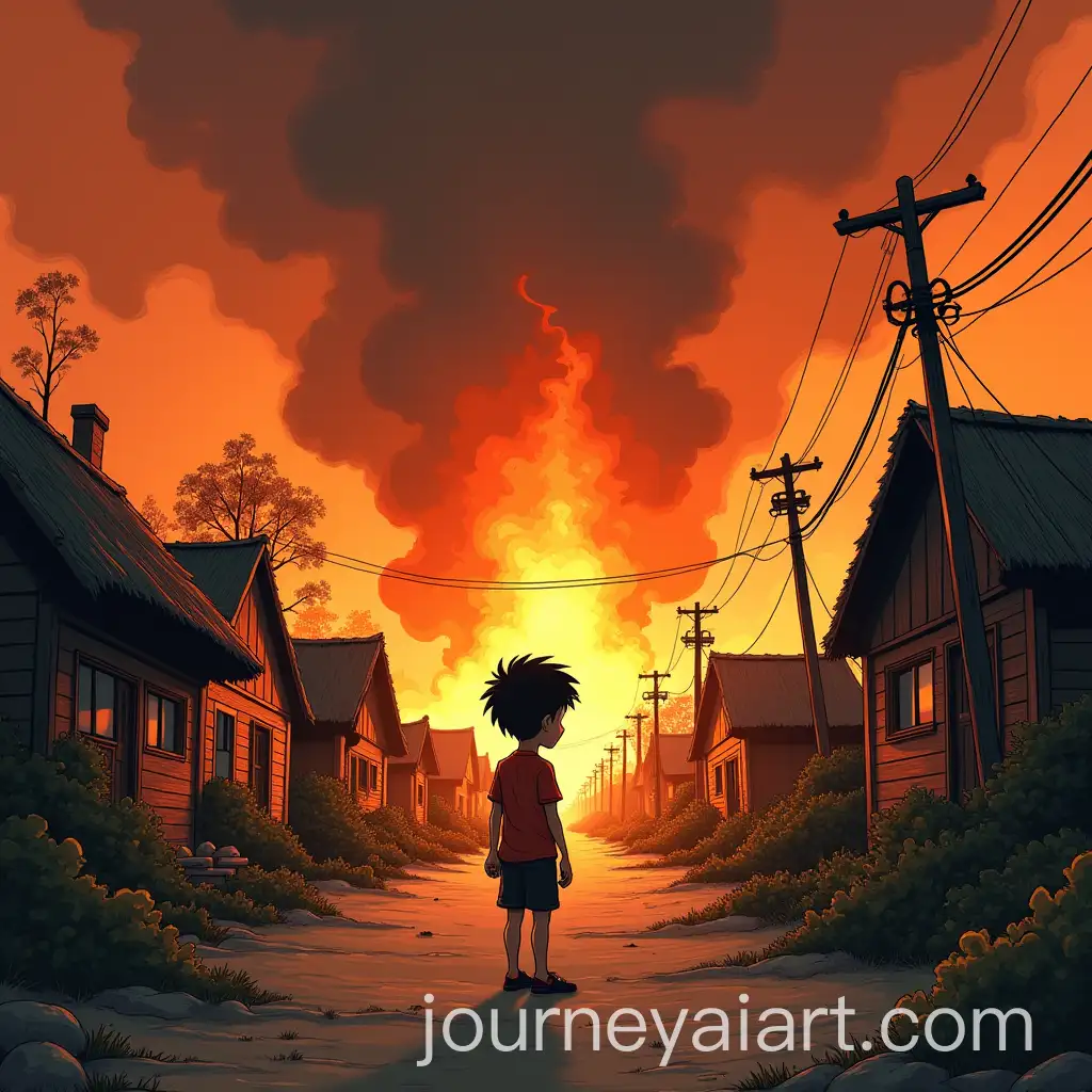 Manga-Boy-Approaching-Village-on-Fire