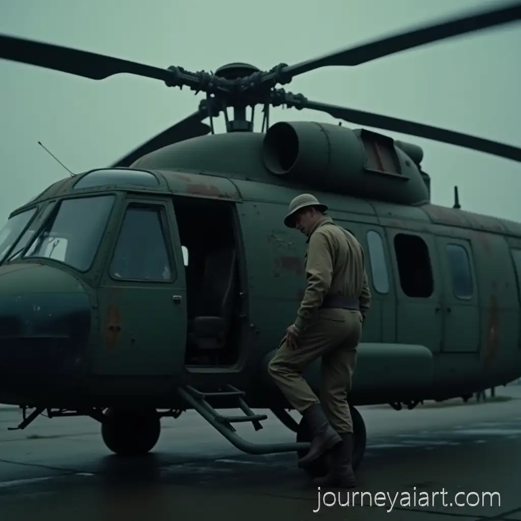 Vintage-Cinematic-Military-Scene-with-Soldier-and-Aged-Helicopter-on-Airfield