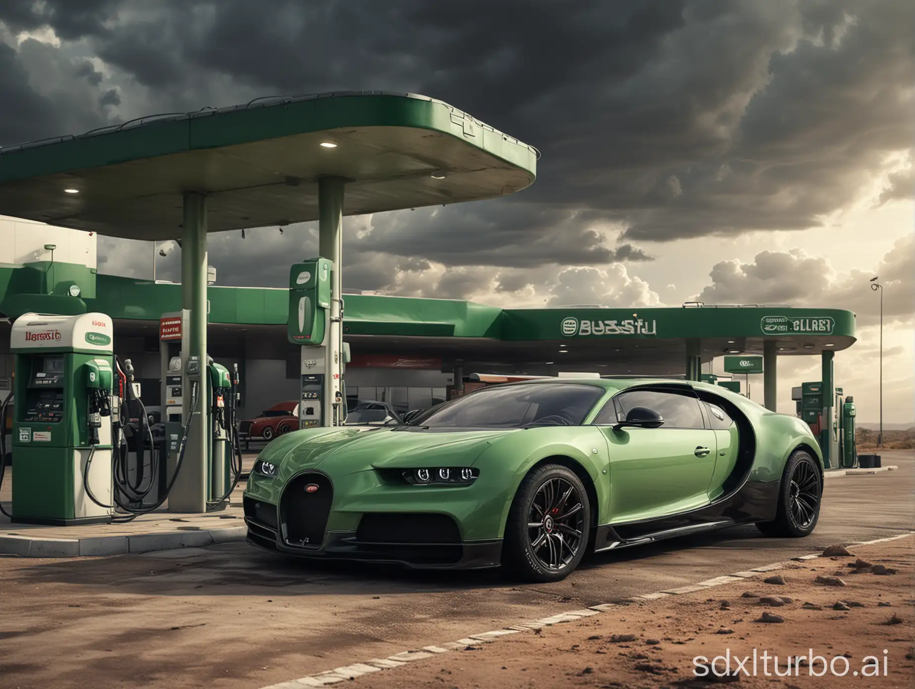 Bugatti-Car-Refueling-at-Desert-Petrol-Station-under-Stormy-Skies