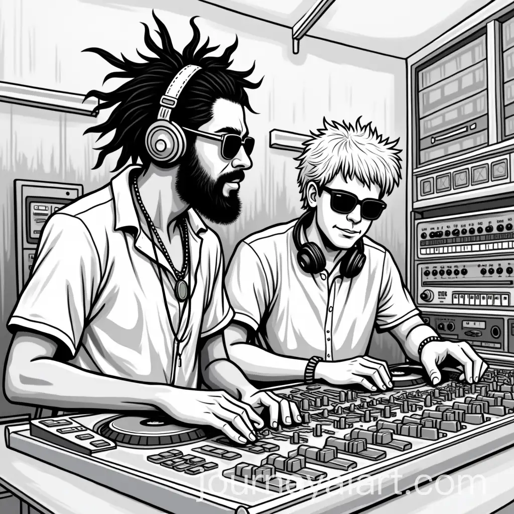 Rasta-Man-and-Blonde-Man-Mixing-Music-in-a-Studio-with-Analog-Equipment