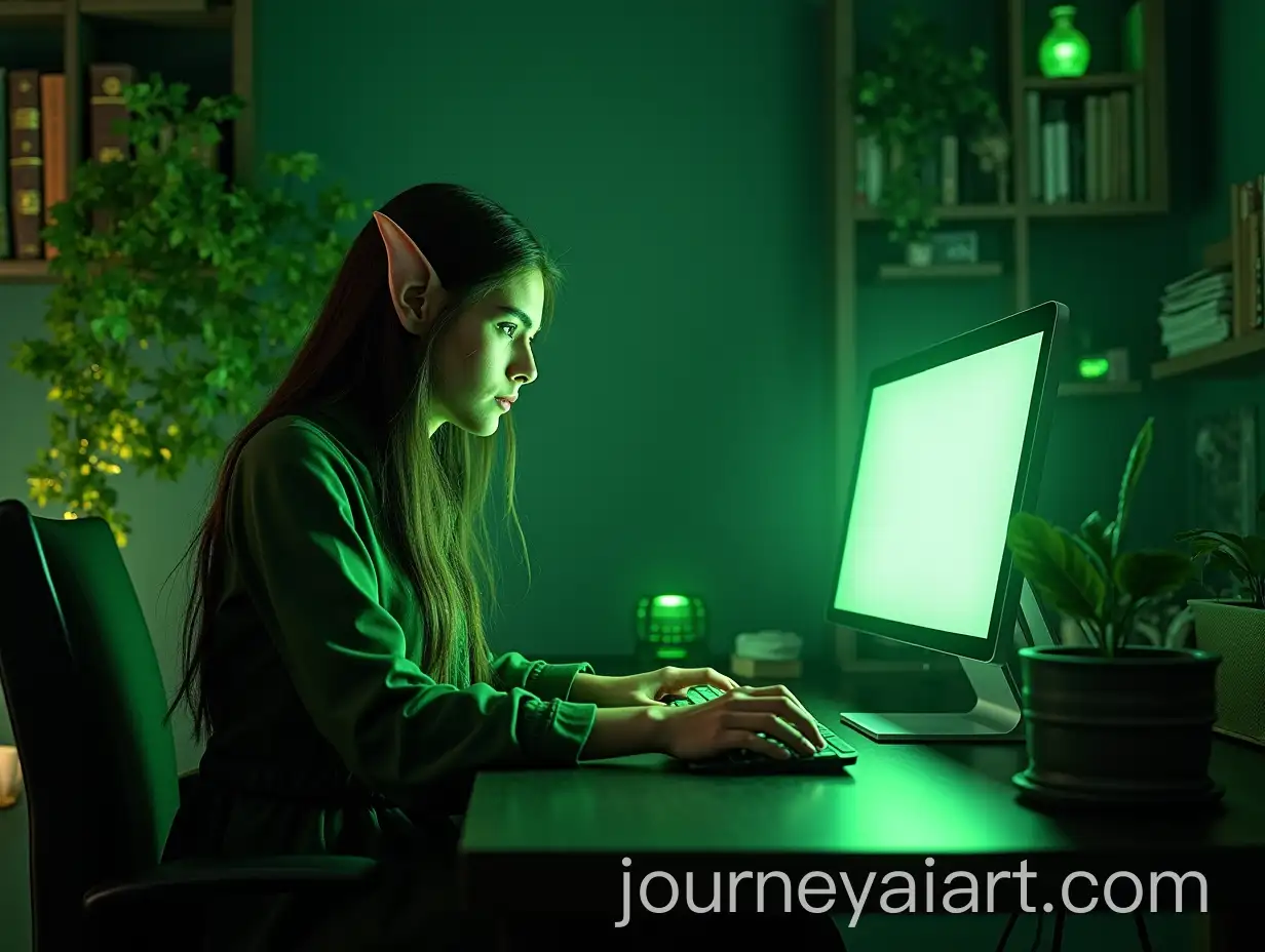 Focused-Fantasy-Elf-in-Green-Tones-Working-at-a-Computer-in-Mystical-Workspace
