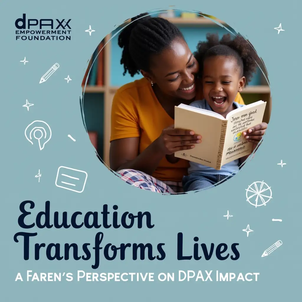 A heartwarming and professional graphic for DPAX Empowerment Foundation. The design should feature a dark Nigerian smiling mother embracing her young child, who is holding a book inscribed with the writing 'DPAX Empowerment Foundation' with excitement. The background should have subtle educational elements like bookshelves, pencils, and learning icons, symbolizing growth and empowerment. The primary brand color, light blue, should be integrated into the design for consistency. The text should include an inspiring message: 'Education Transforms Lives – A Parent’s Perspective on DPAX Impact'. The image should be real pictures of a Nigerian mother and child. The text should be clear, readable and lack errors.