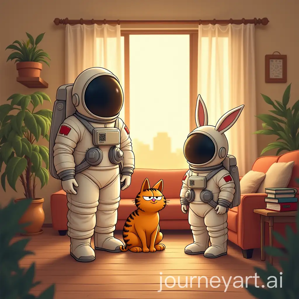 Astronaut-and-Humanoid-Rabbit-in-Cozy-Home-Interior-with-Mischievous-Cat