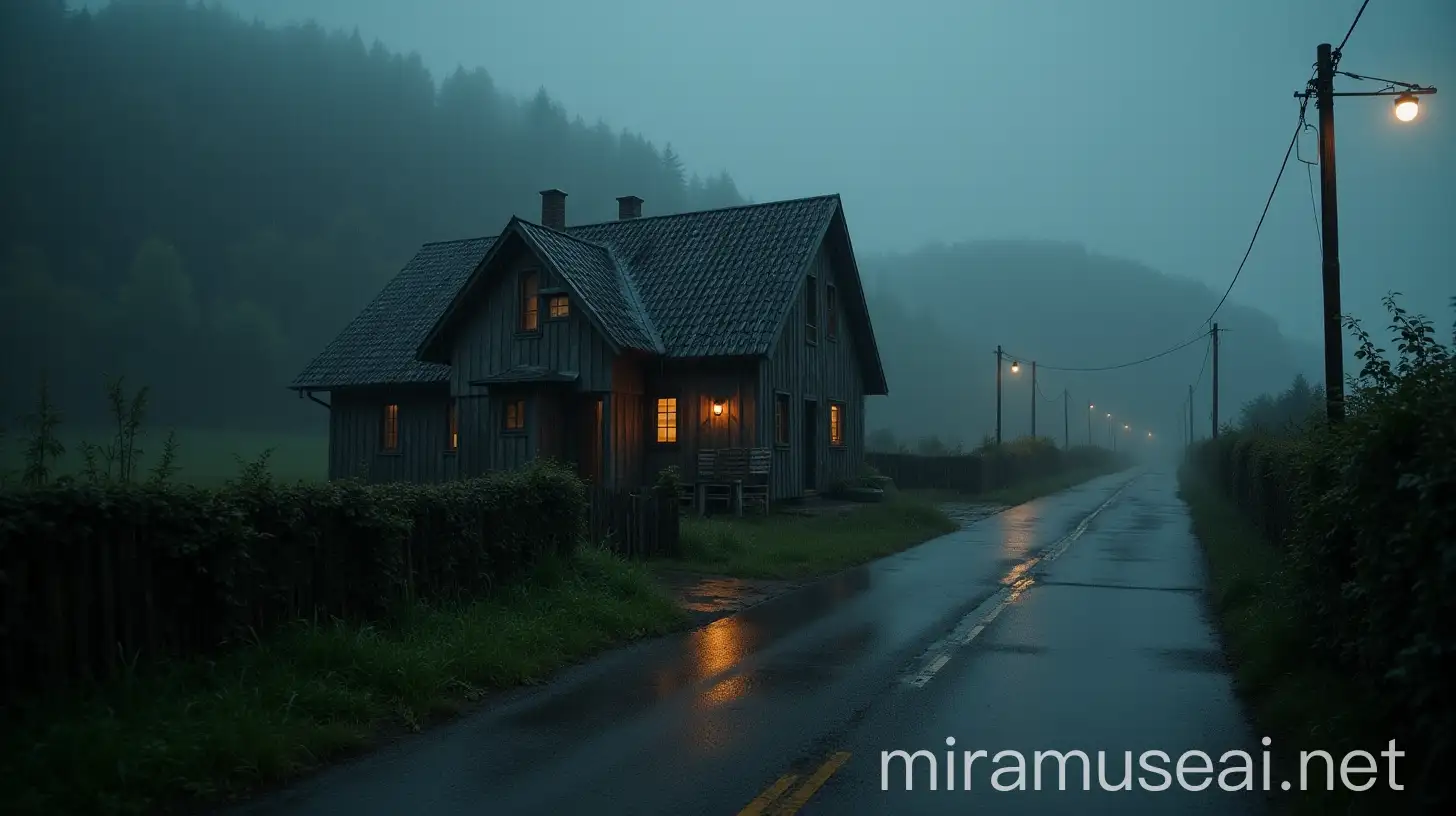 Village House in Heavy Rainstorm