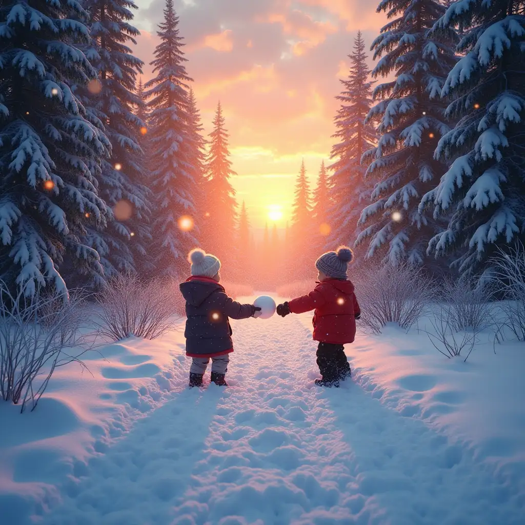 forest sunset goes a lot of snow children are having a snowball fight