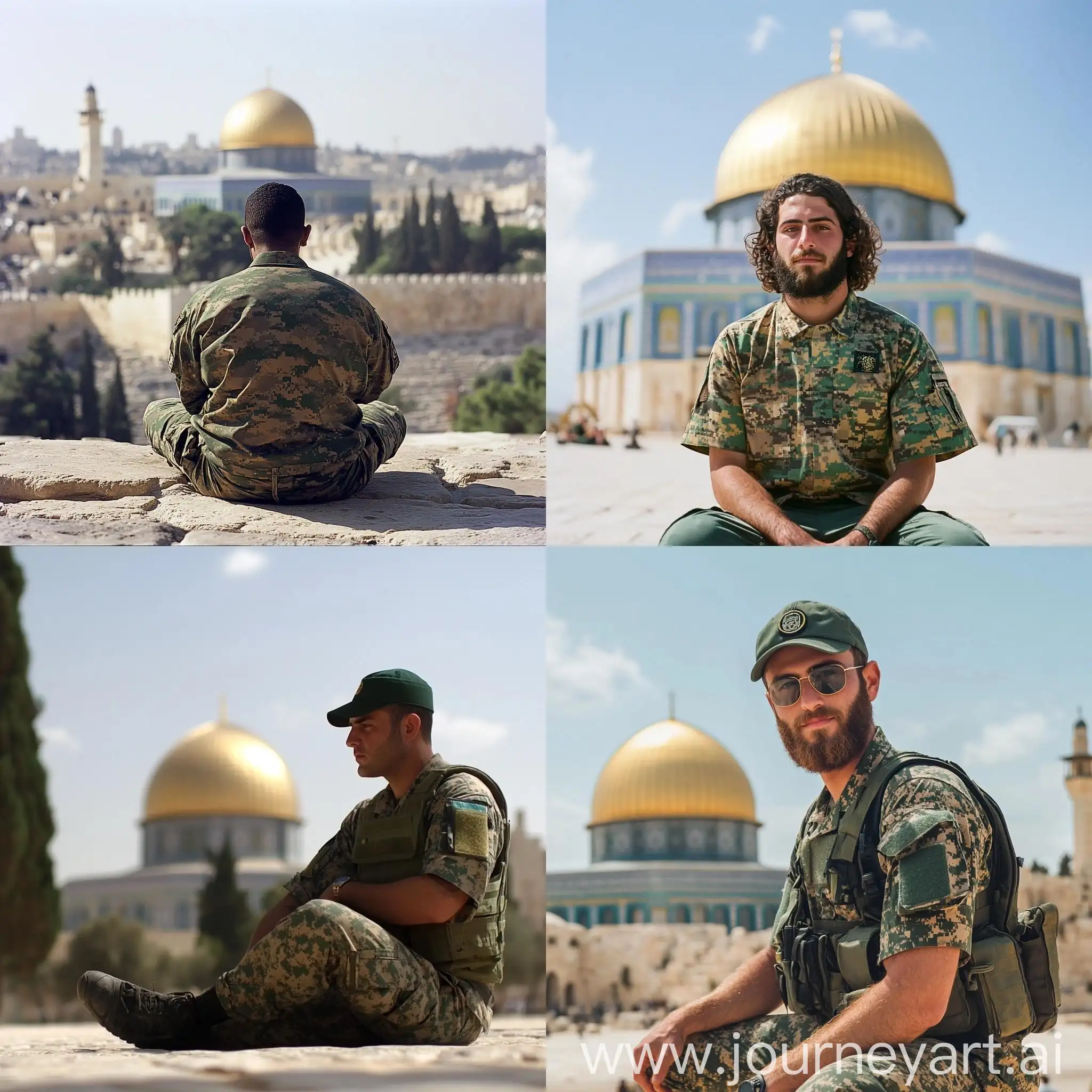 Military-Man-Standing-and-Sitting-with-Dome-of-Rock-in-Background