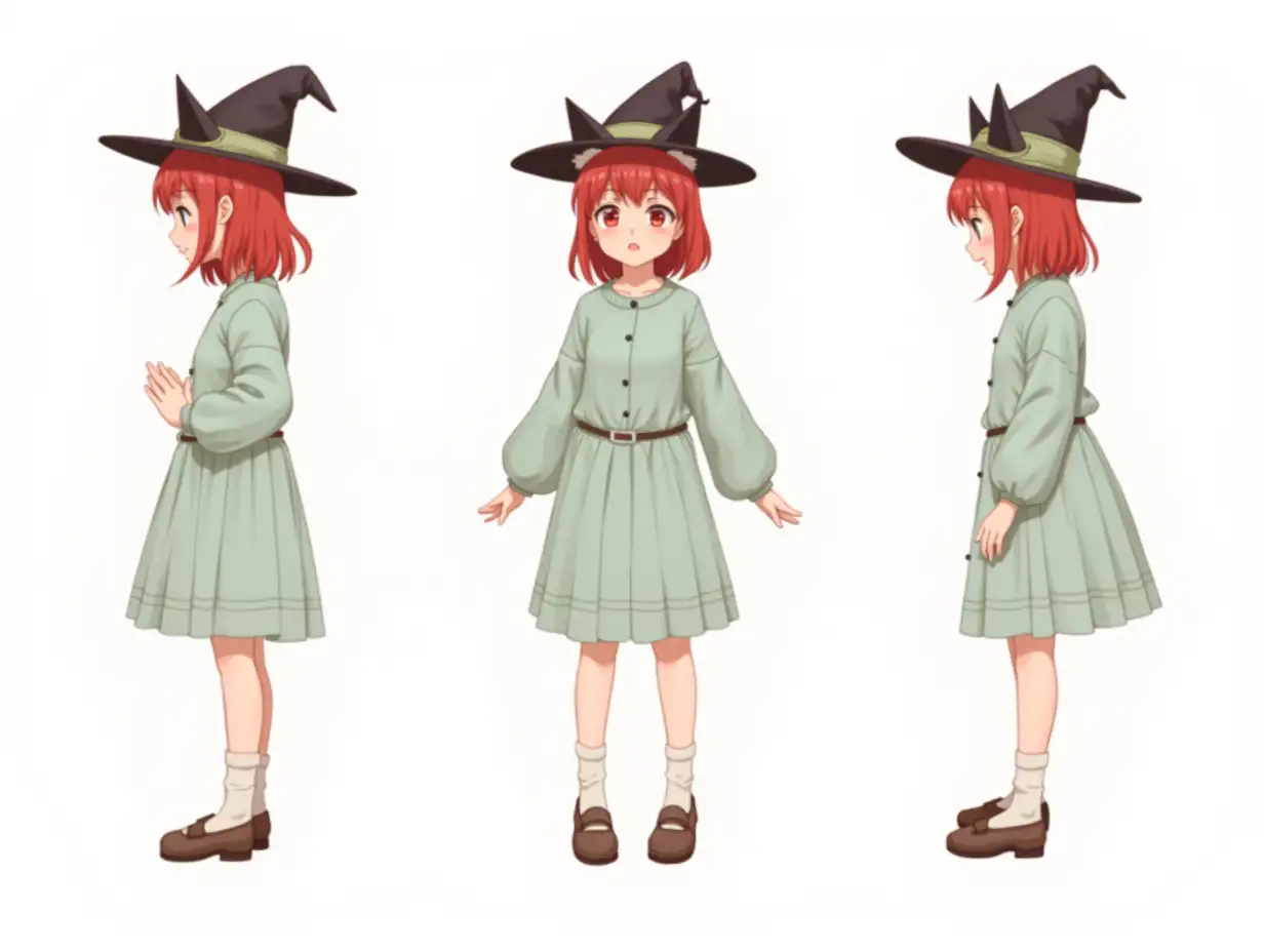 concept art, several angles on white background, fullbody, girl, witch, red hair, cat ears, clothing mint color, hat, digital art, anime, 2D, stylization, detailed drawing, hyperdetailing, high resolution, aesthetics, warm colors,