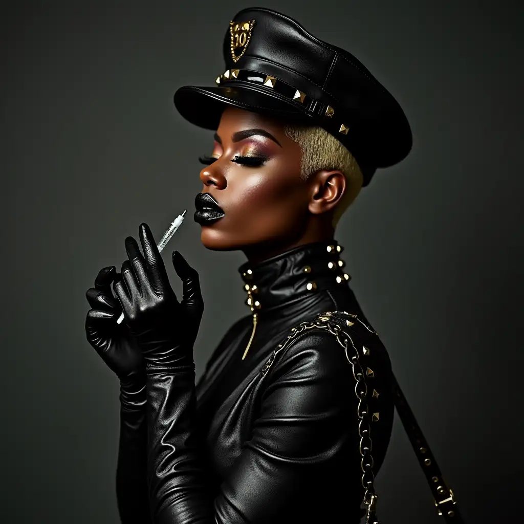 Dark-African-Drag-Queen-in-Black-Studded-Leather-Outfit-Holding-Injection-Needle