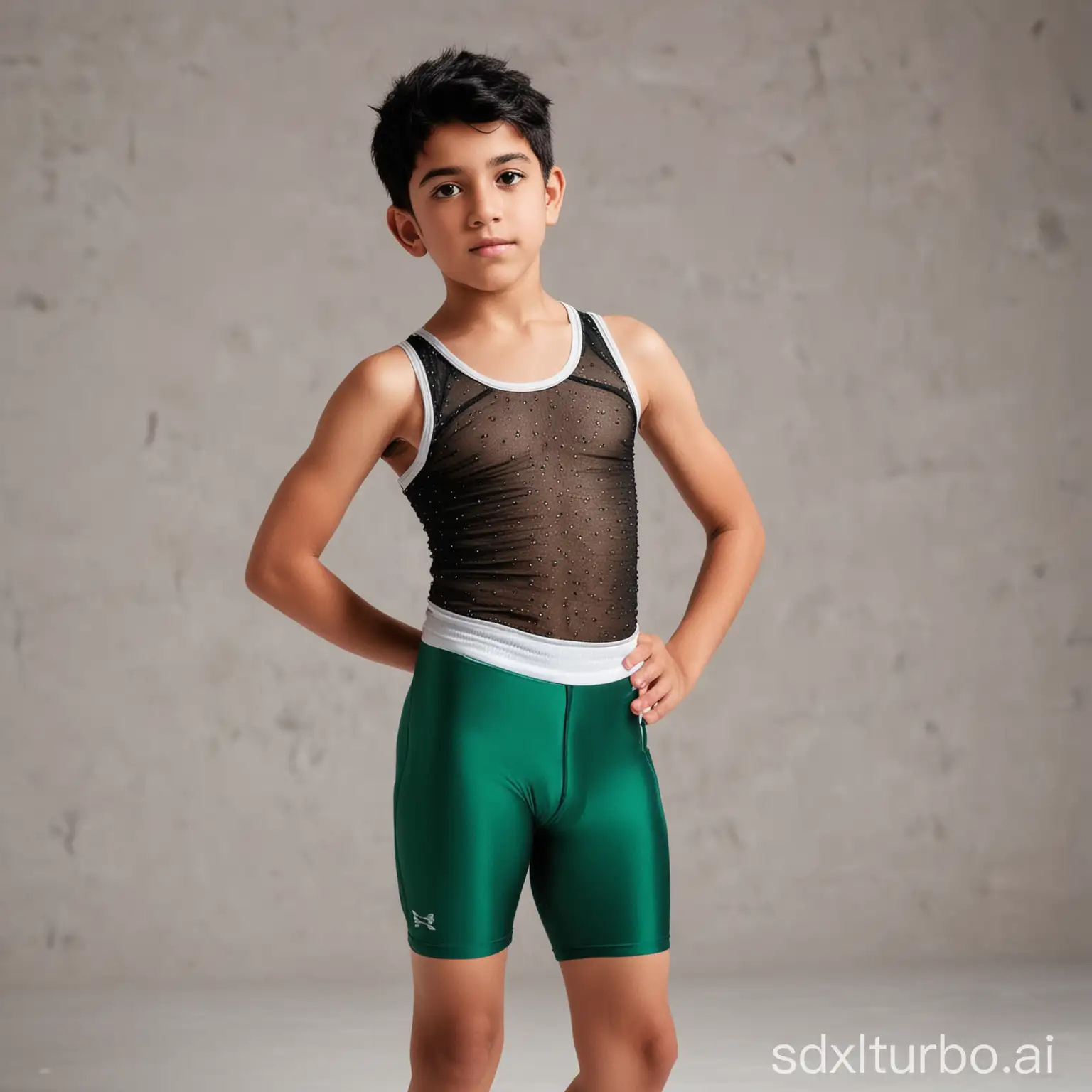 A Arab boy , age 12 , with spiky black hair, wearing a sheer mesh emerald tank top and white compression shorts , standing in a studio ballet
