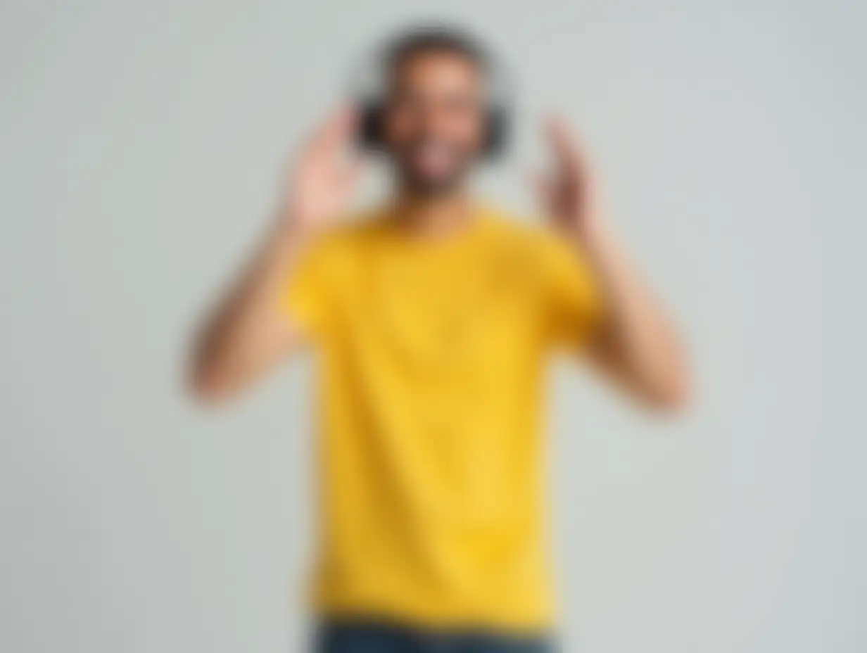 Young cool cheerful smiling man he wear yellow t-shirt casual clothes listen to music in headphones raise up hands dancing have fun isolated on plain grey background studio portrait. Lifestyle concept