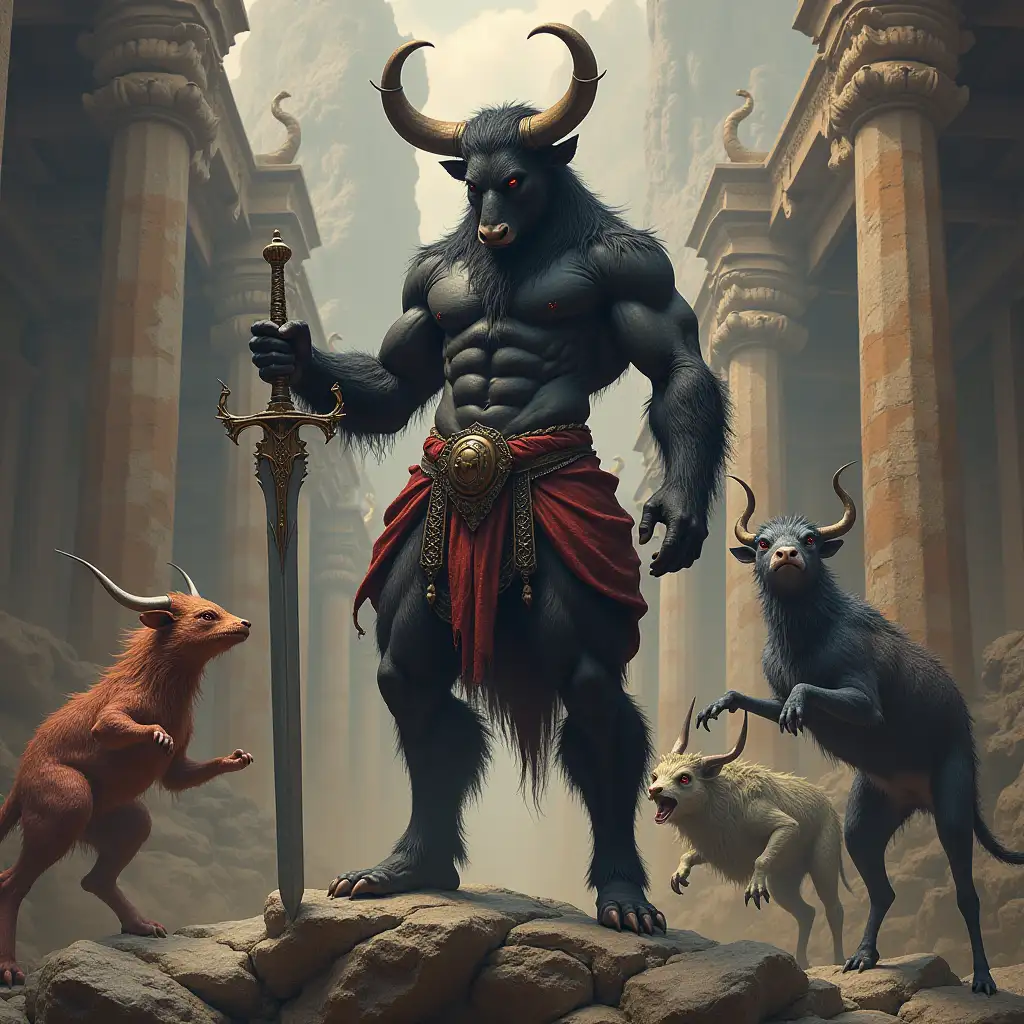 Ultradetailed hyperrealistic portrait blackbrown cow pattern bodybuilder with horns and fur, with a sword on a rock before a temple in a palace with various strange creatures with richly detailed, colorful