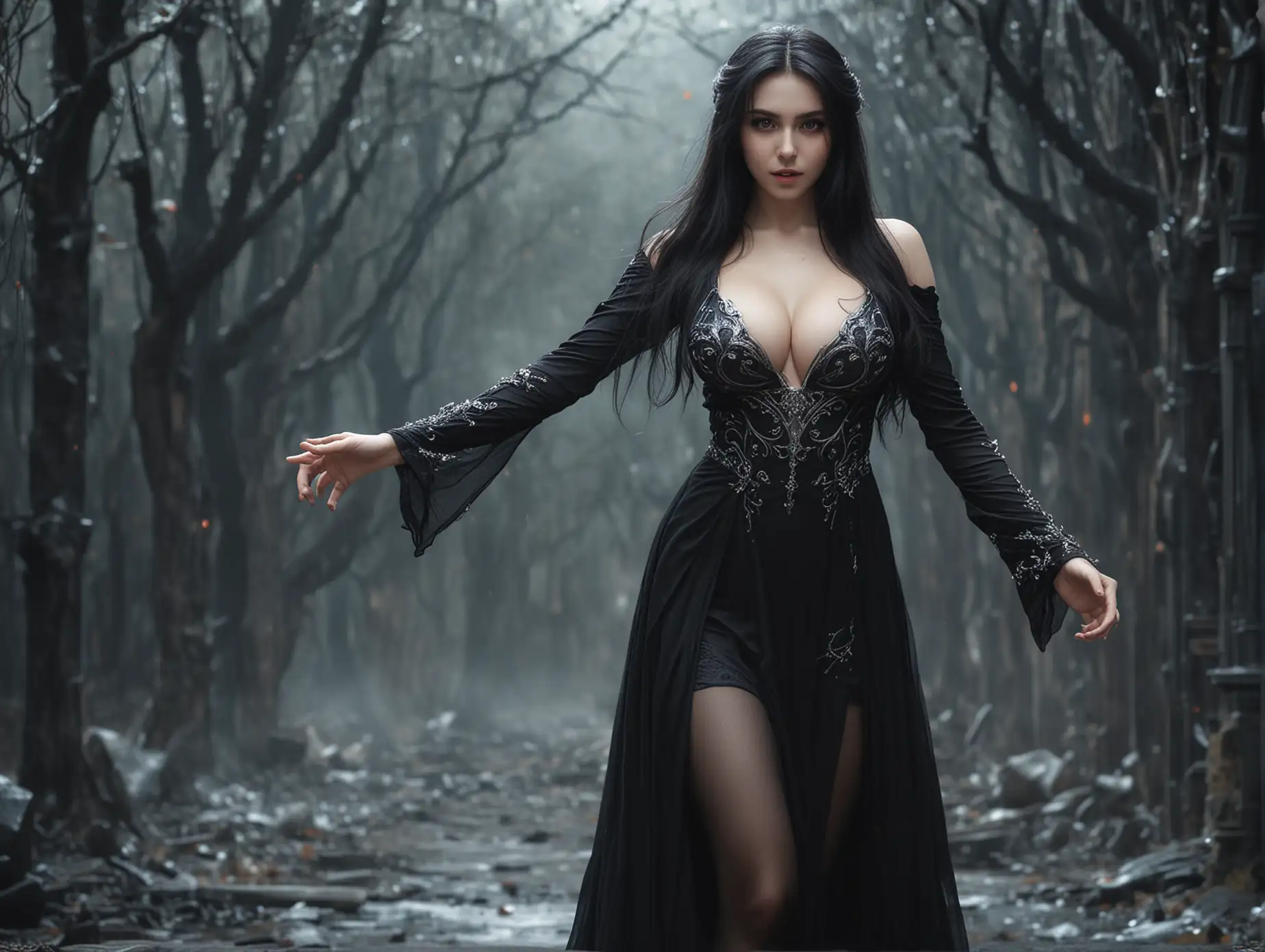 (Masterpiece, Top Quality, Best, Official Art, Beautiful and Aesthetic, Long Exposure: 1.2), Smooth Movement, Charming Patterns, elf sexy evil woman, (beautiful black long dress with Sleeves: 1.4), (((black Clothes) )), (могучее обоняние: 1.3), лицо крупным планом, (зловещий взгляд: 1.4), bare shoulders, blush, (black long hair: 1.4), black lob hair, blue eyes, (cute smile: 1.4), portrait, solo, (hands up: 1.4), (big breasts: 1.6), (sexy elf evil woman: 1.3), looking at the observer, (black tights: 1.4), detailed background, detailed evil face, black shoes, (crystallineAI, crystalline theme: 1.1), elemental wind elves, rotation Wind, control the wind, white crystal clothing, (боевая поза: 1.5), floating particles, ethereal dynamics, whirlwind, vapor, whirlwind in the background, white tone, whirlwind, evil atmosphere,