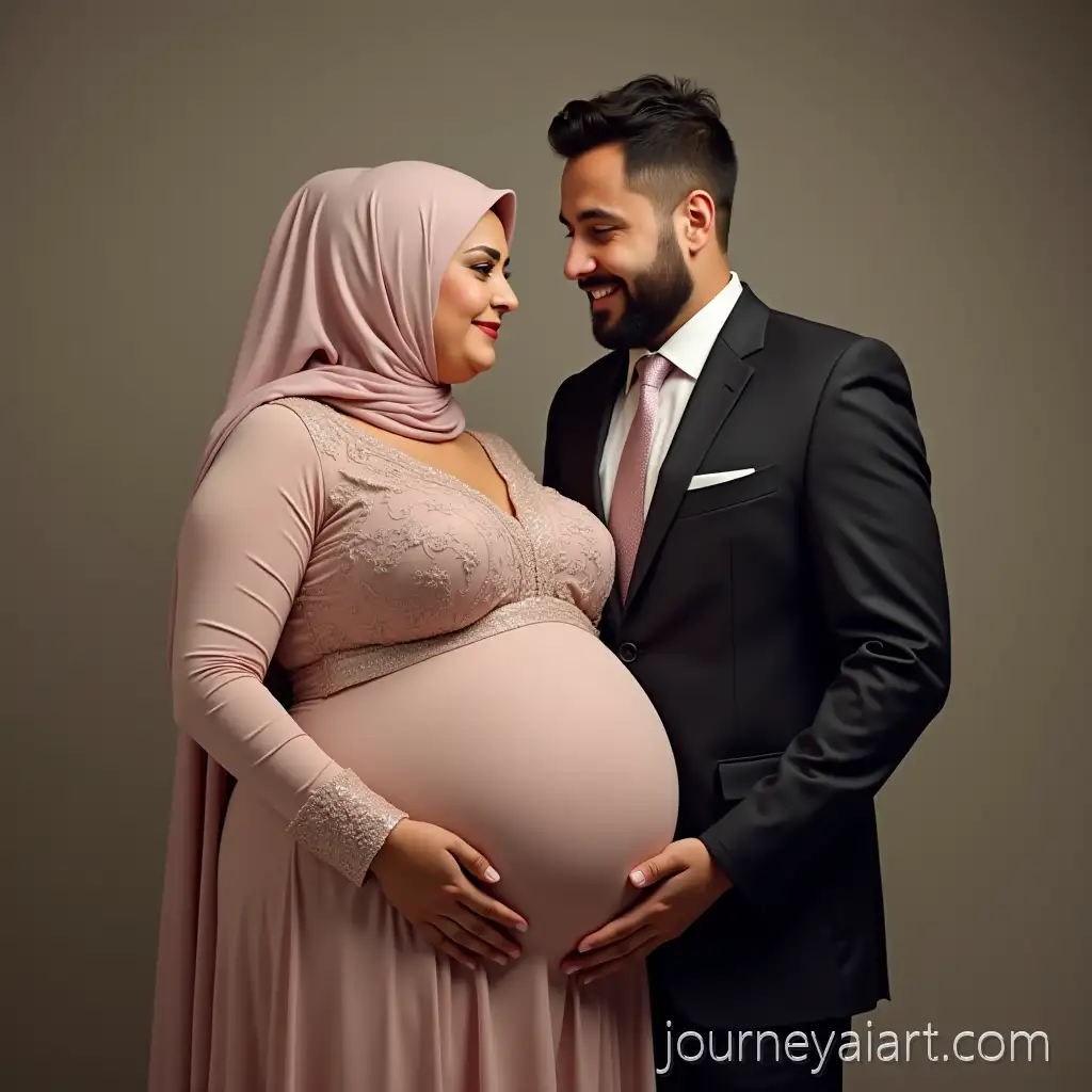 Joyful-PlusSize-Bride-in-Hijab-with-Groom-Celebrating-Wedding