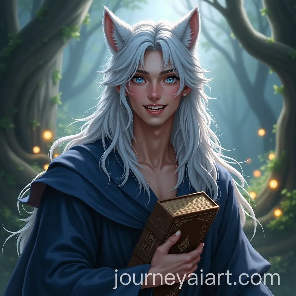Enchanting-Young-Man-with-Silver-Hair-and-Wolf-Ears-Holding-Ancient-Book-in-Mystical-Forest