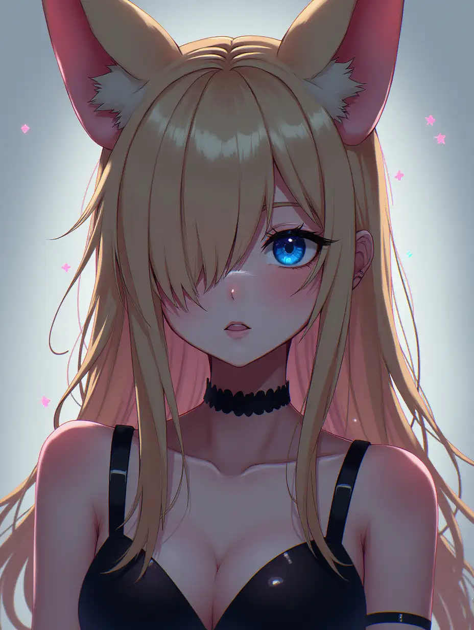 Highly detailed textures, digital art, 1girl, perfect blue eyes, perfect face, fox ears, makeup, eyelashes, blonde long hair, sexy black bra, sexy body, white background, chromatic aberration, the left eye is covered by locks of hair, half of the body, dark atmosphere, gloomy atmosphere, lots of neon little particles in the background.