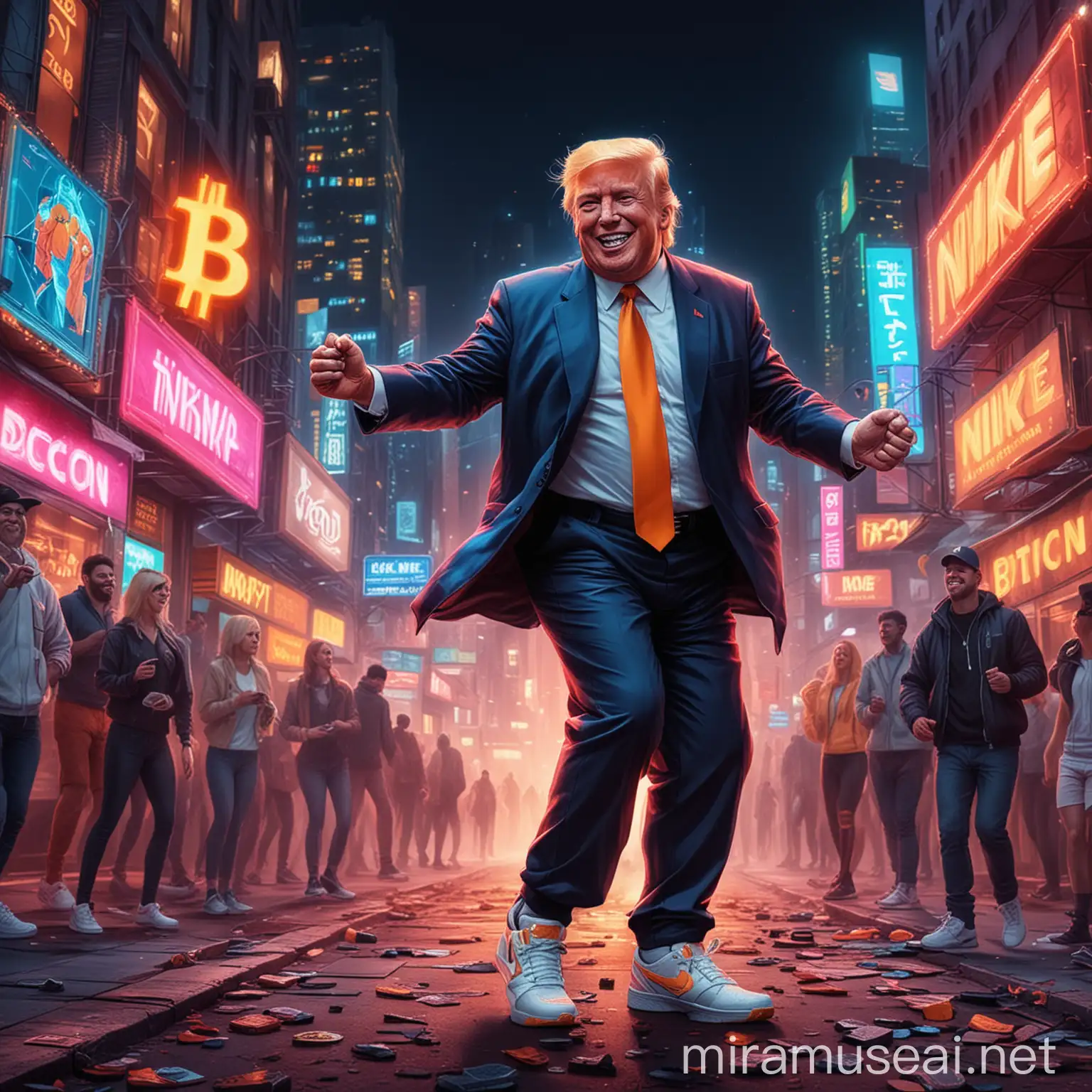 Donald Trump Dancing in a Neon City with Bitcoin and Nike Sneakers