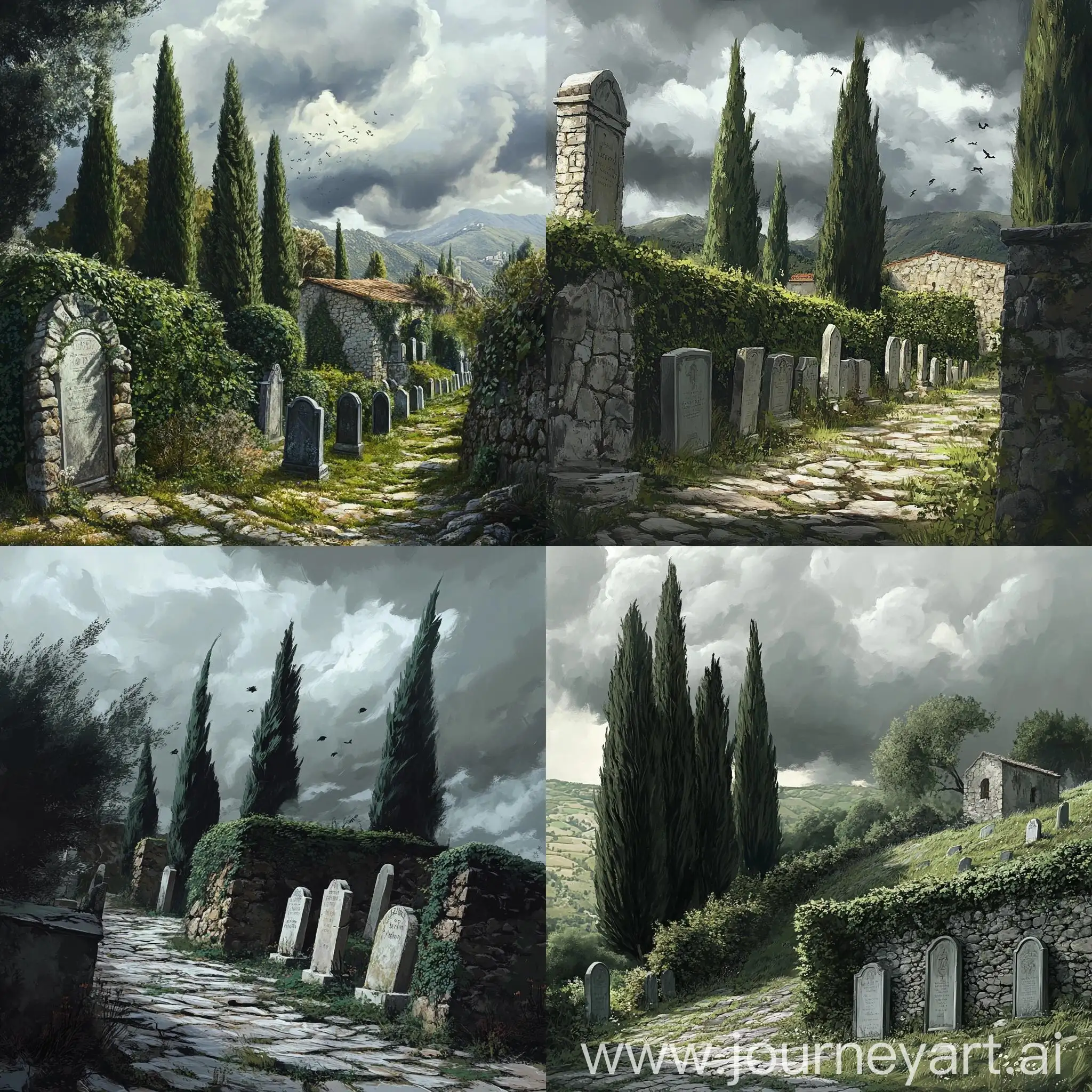 Picturesque-Italian-Cemetery-with-Cypresses-and-IvyCovered-Graves