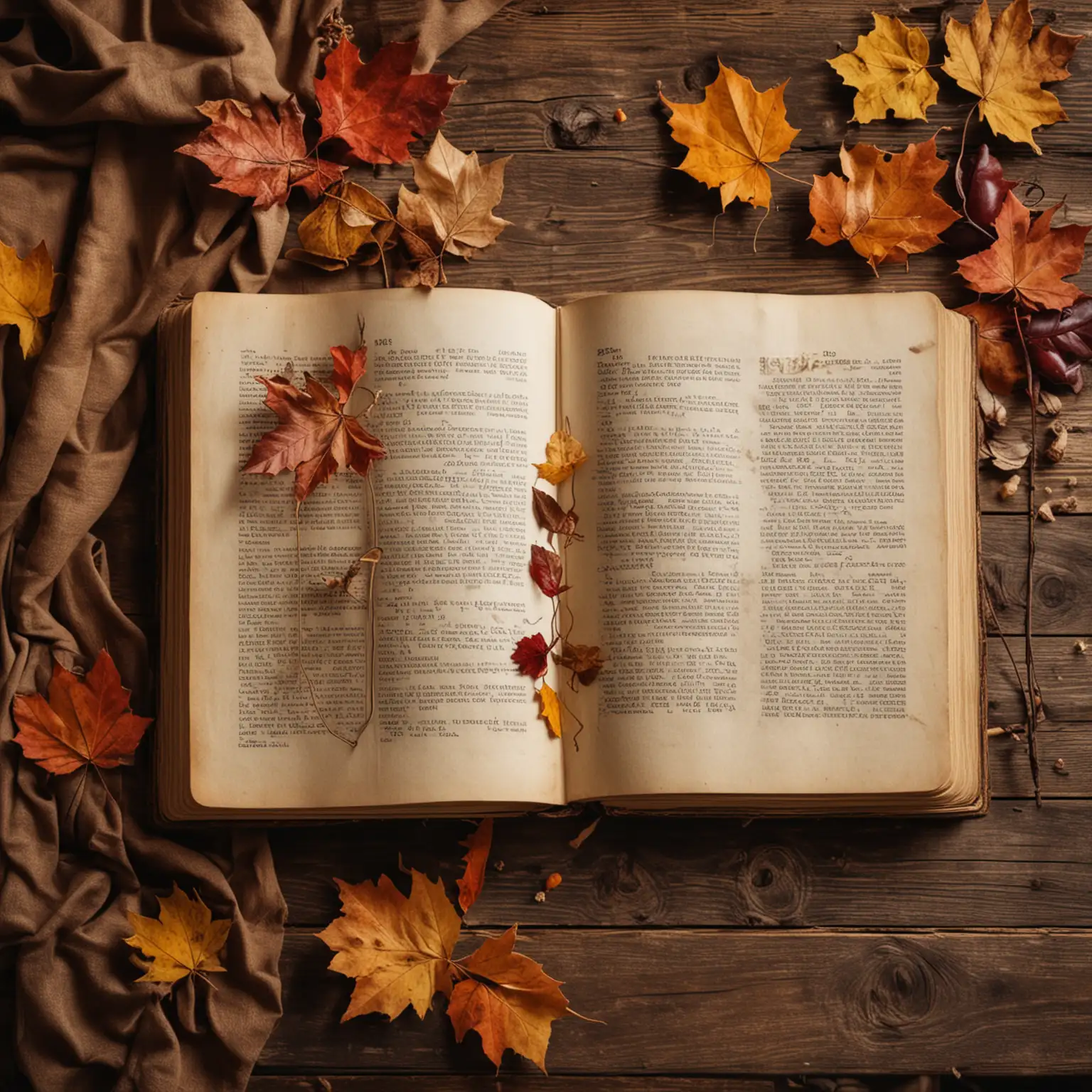 Old Open Book on Wooden Table with Autumn Vibe