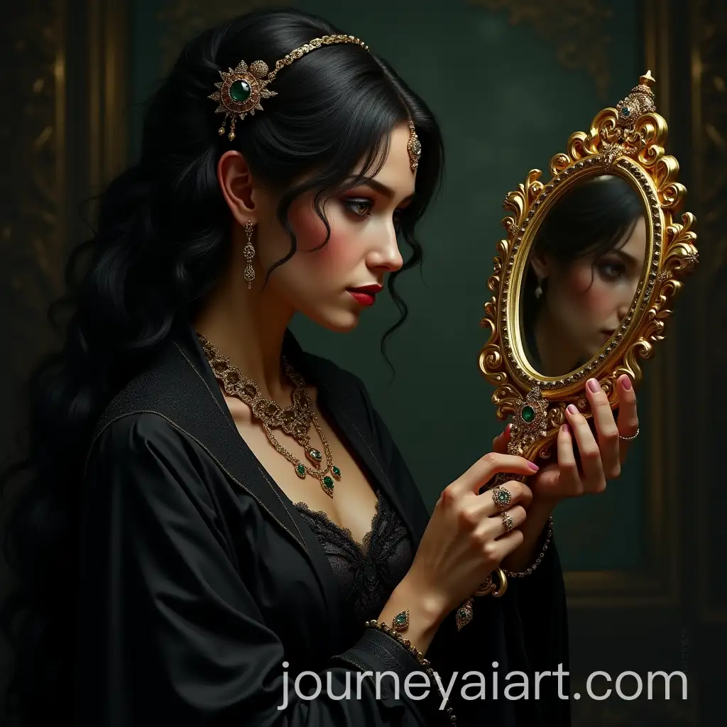 Elegant-Sorceress-Gazing-into-a-Magical-Gold-Mirror-in-Dark-Fantasy-Setting