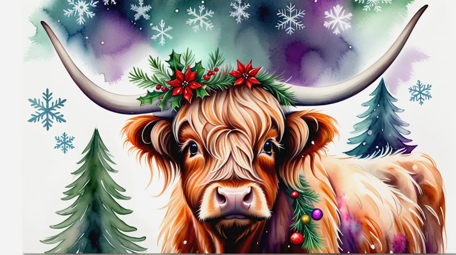 Highland Cow in Festive Christmas Attire with Wreath and Snowy Background