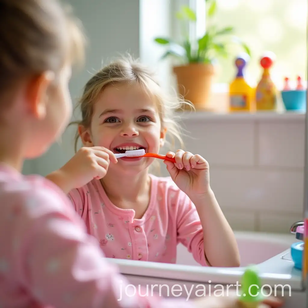 Young-Girl-Brushing-Teeth-in-Colorful-Bathroom