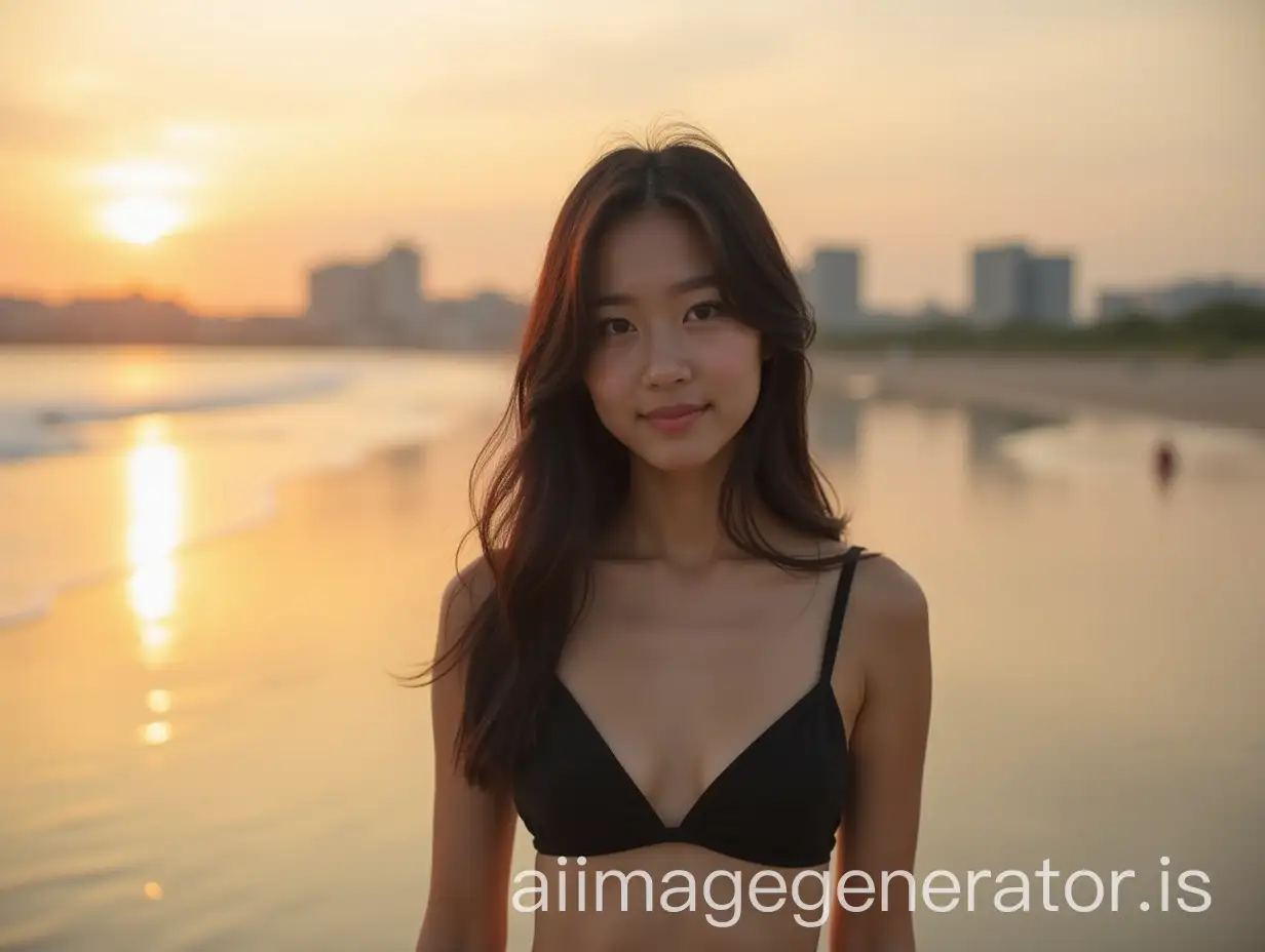 A young korean woman with long dark hair wearing a black bikini standing on a beach at sunset, with a cityscape visible in the background