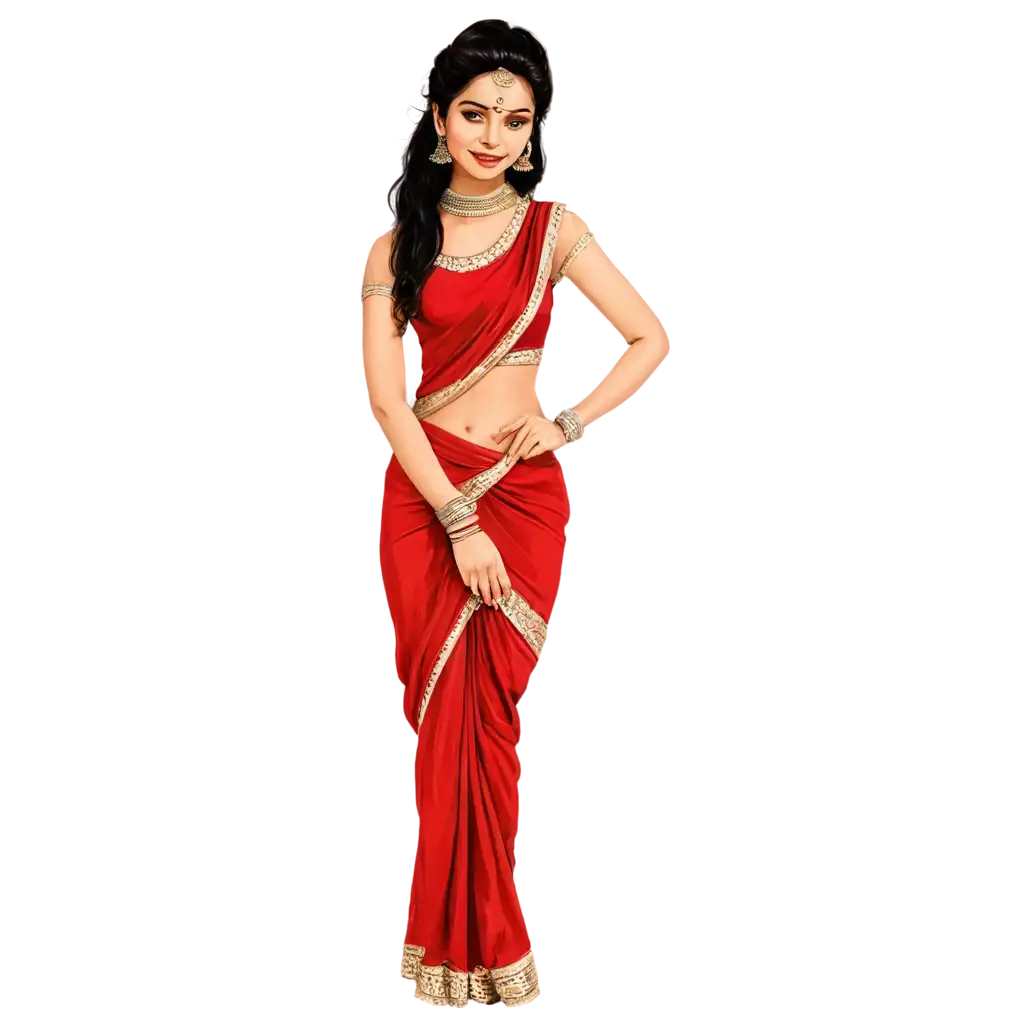 Stunning-PNG-Image-of-a-Beautiful-Girl-in-Red-Saree-with-Jewellery-Sketch