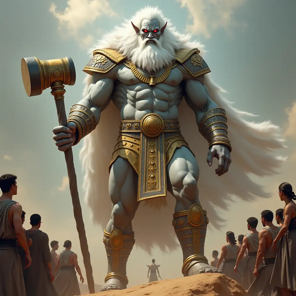 Mann-Titan white with Dracula head, gleaming red eyes, 10 meter tall Mustag-beard with muscles, metal shoes, hammer with many people on Egyptian