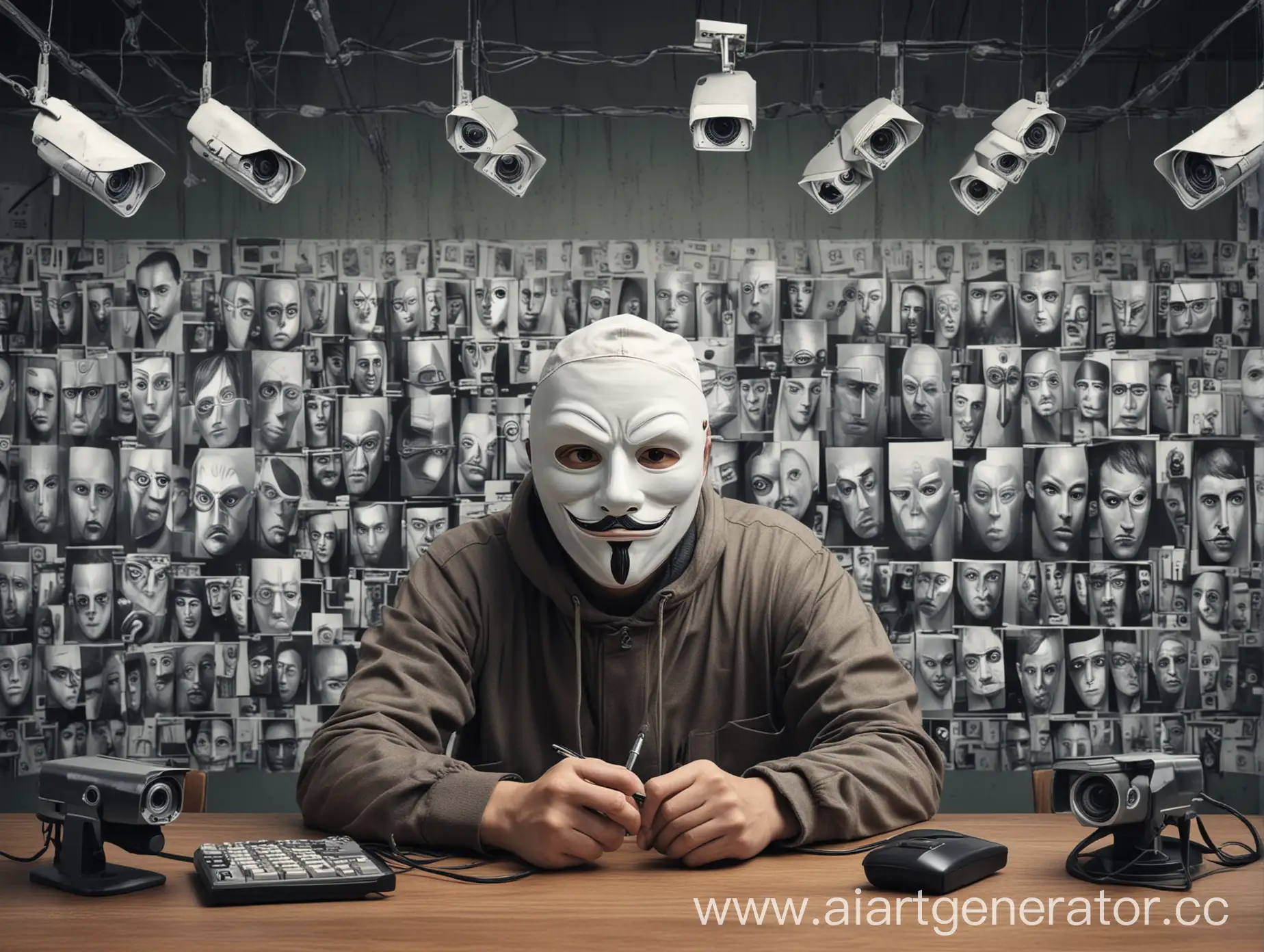 Draw a criminal in a mask surrounded by CCTV cameras