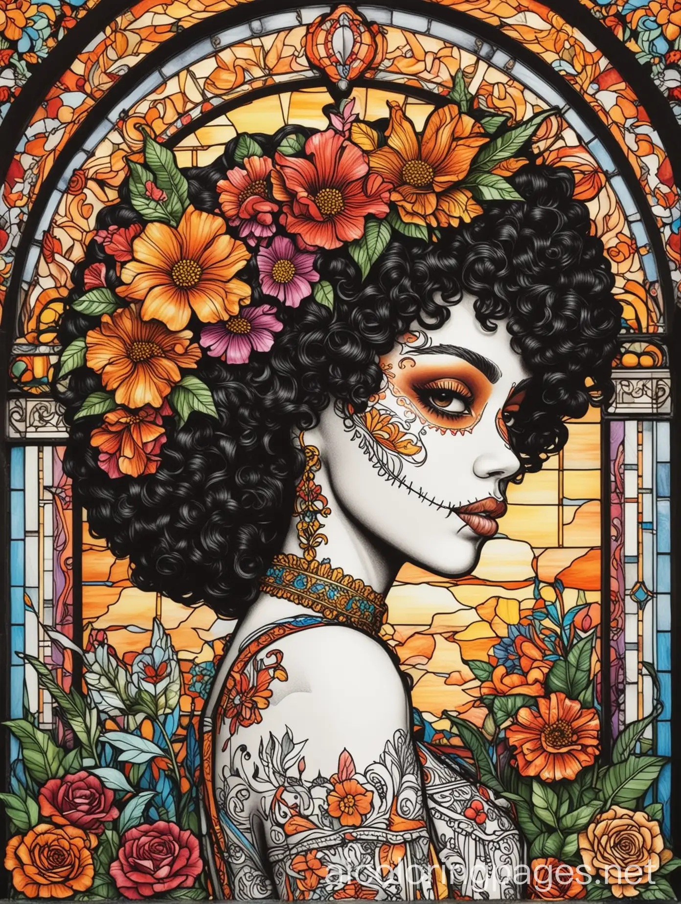 Coloring-Page-of-Black-Woman-with-Afro-in-Day-of-the-Dead-Makeup